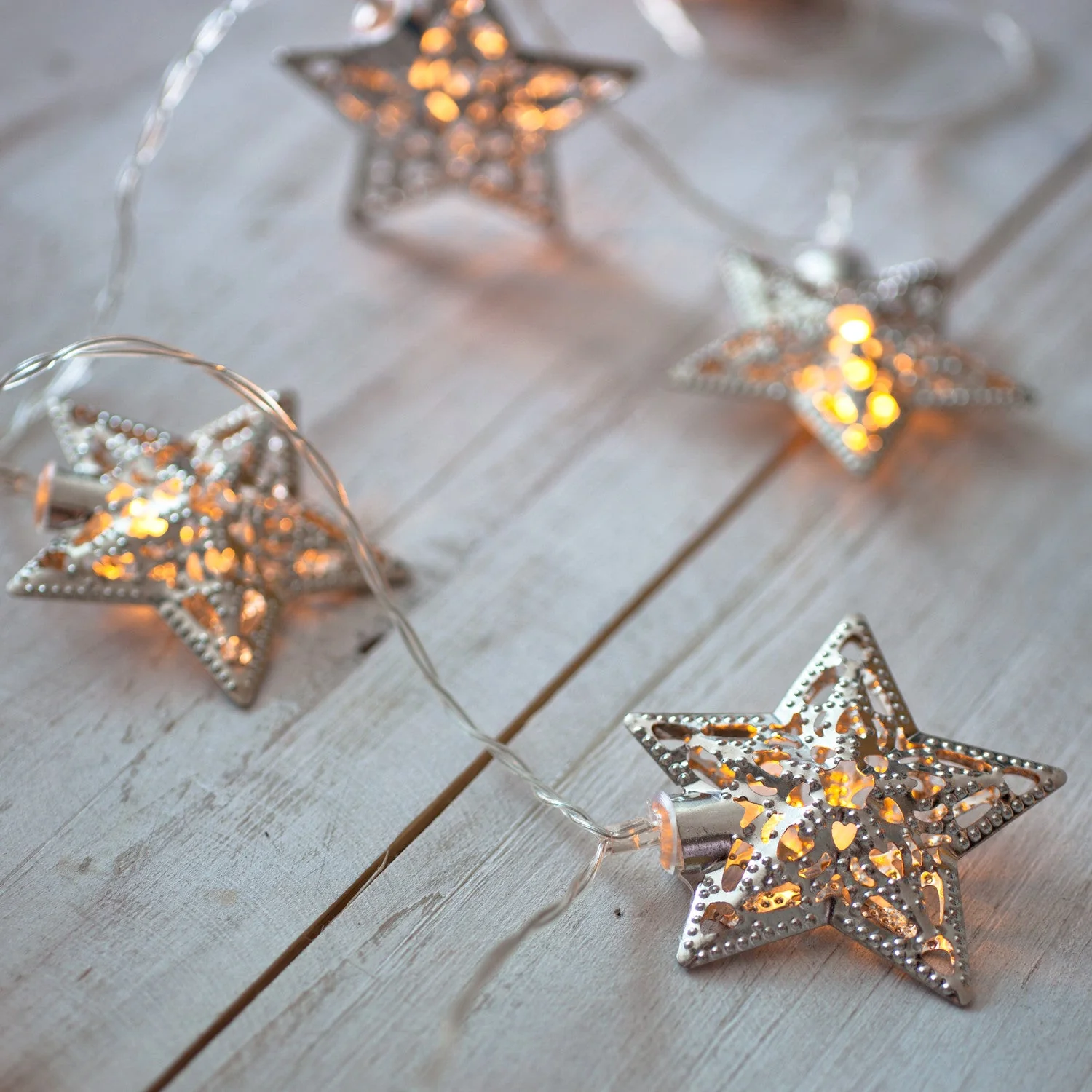 10 Warm White LED Filigree Silver Star Battery Fairy Lights - Image 2