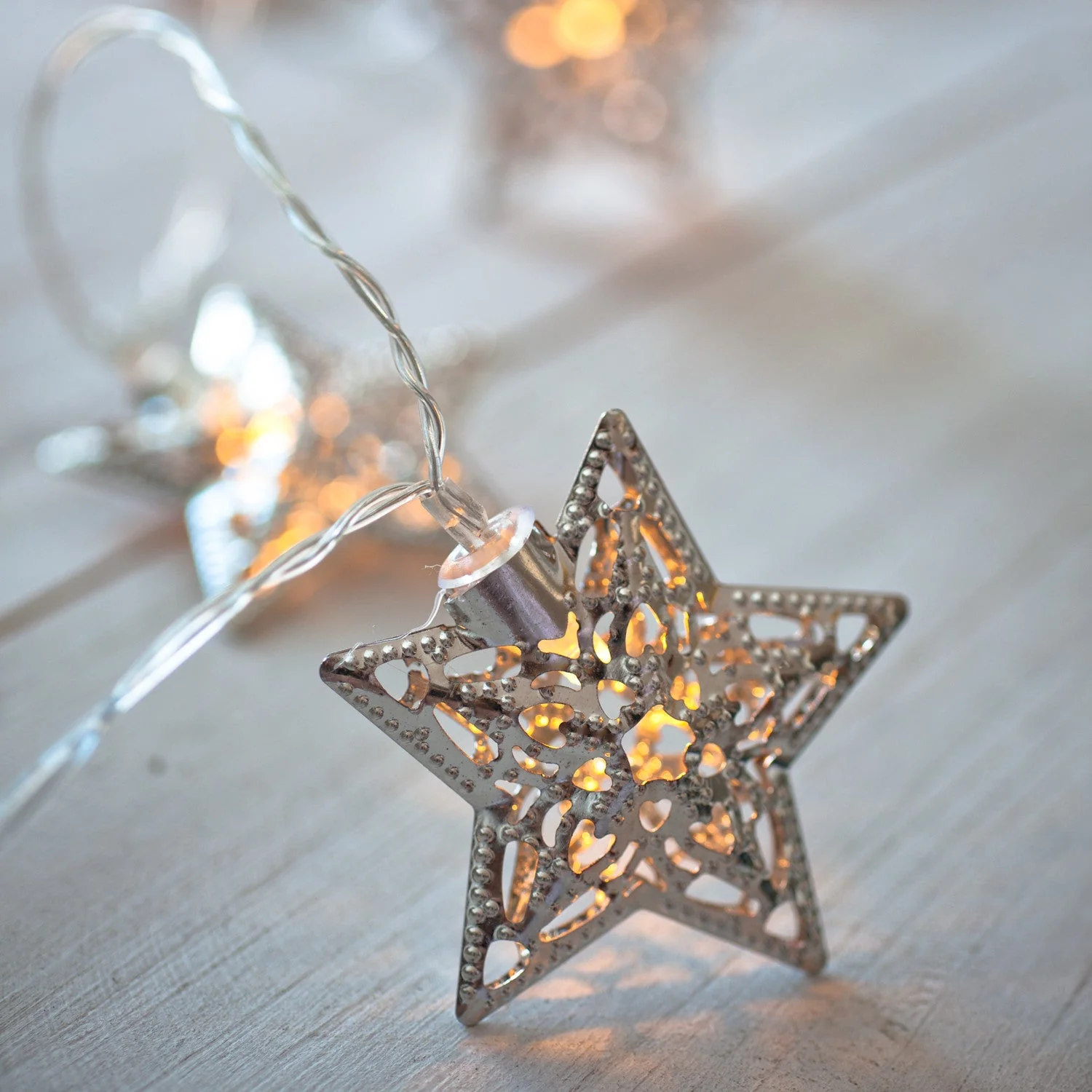 10 Warm White LED Filigree Silver Star Battery Fairy Lights - Image 4