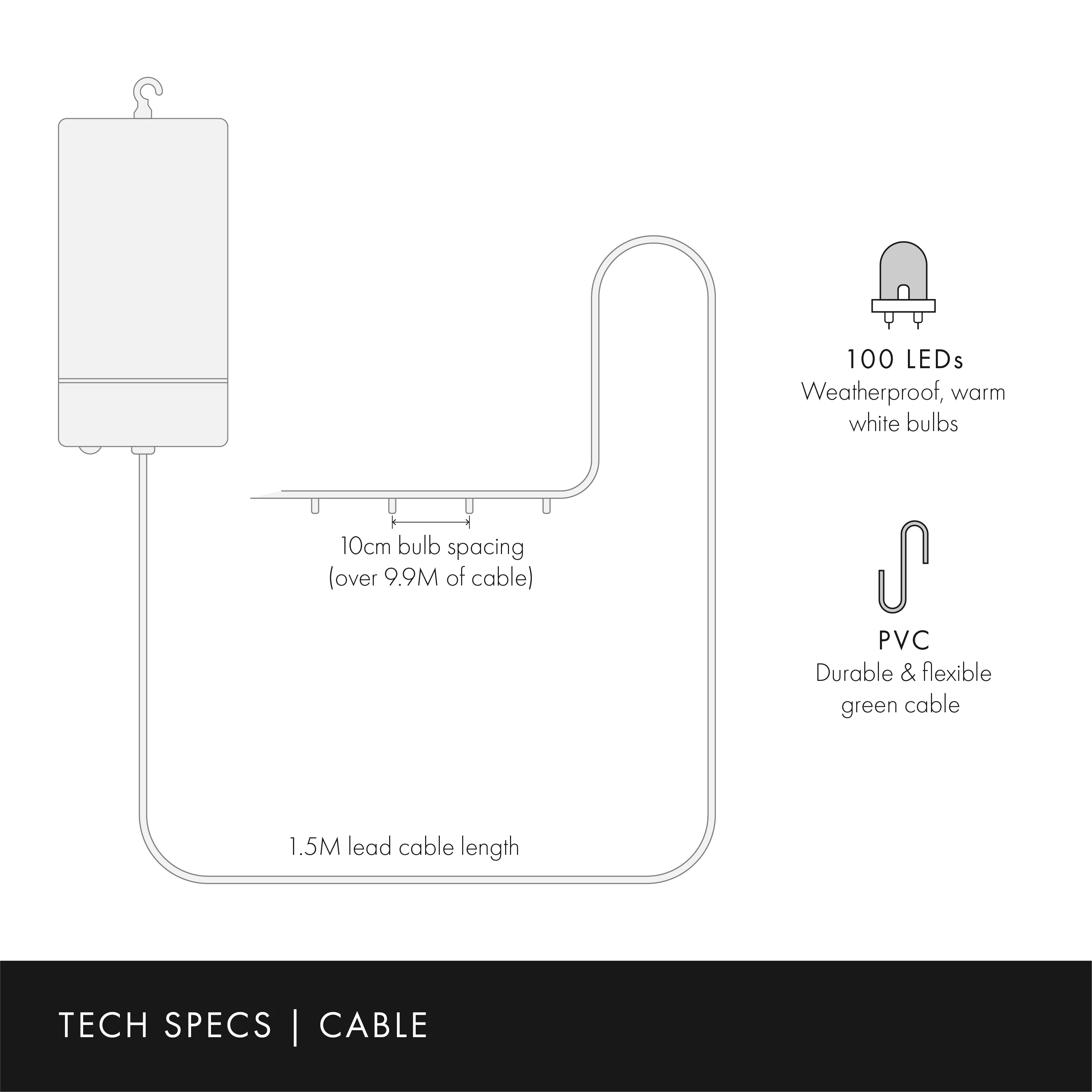 100 Warm White LED Outdoor Battery Fairy Lights On Green Cable - Image 10