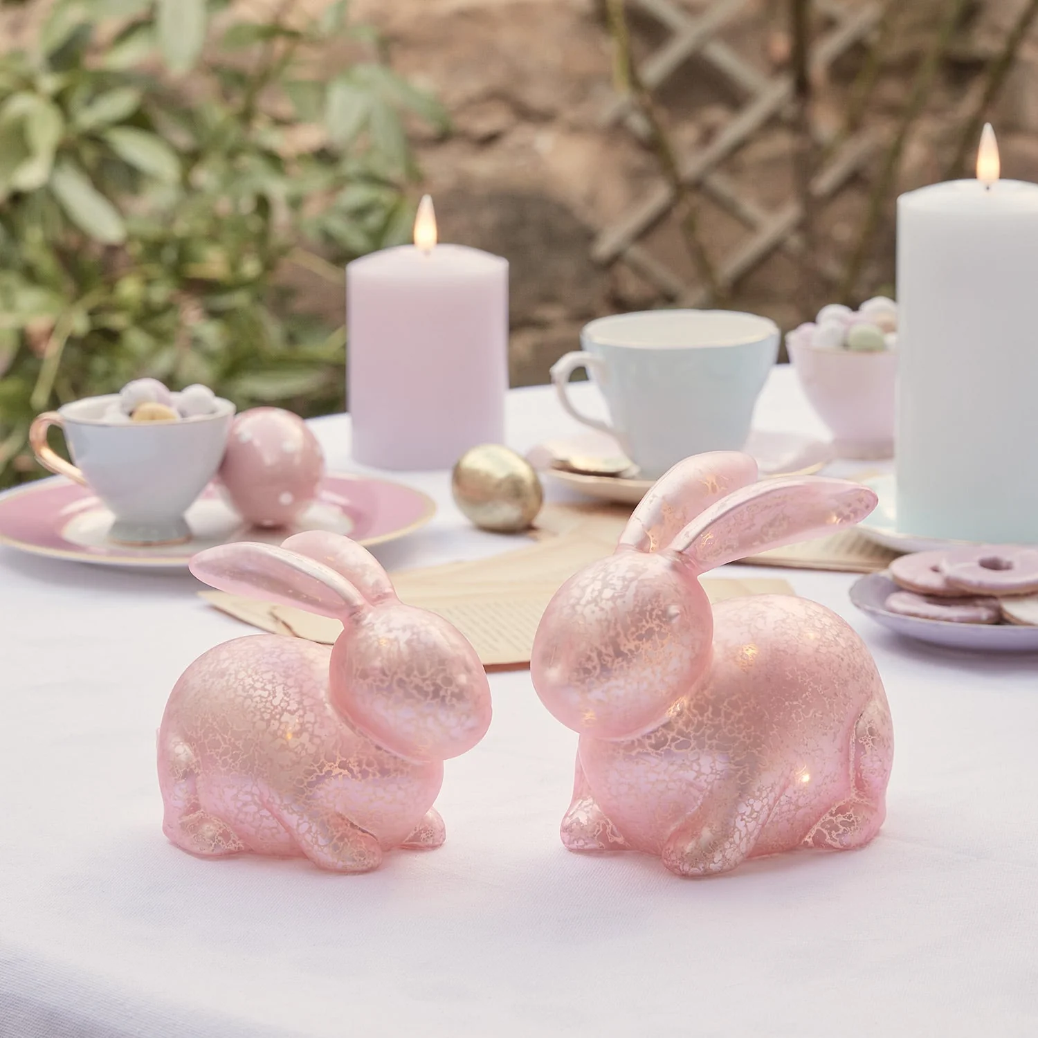 2 Pink Mottled Glass Bunny Easter Decorations - Image 2