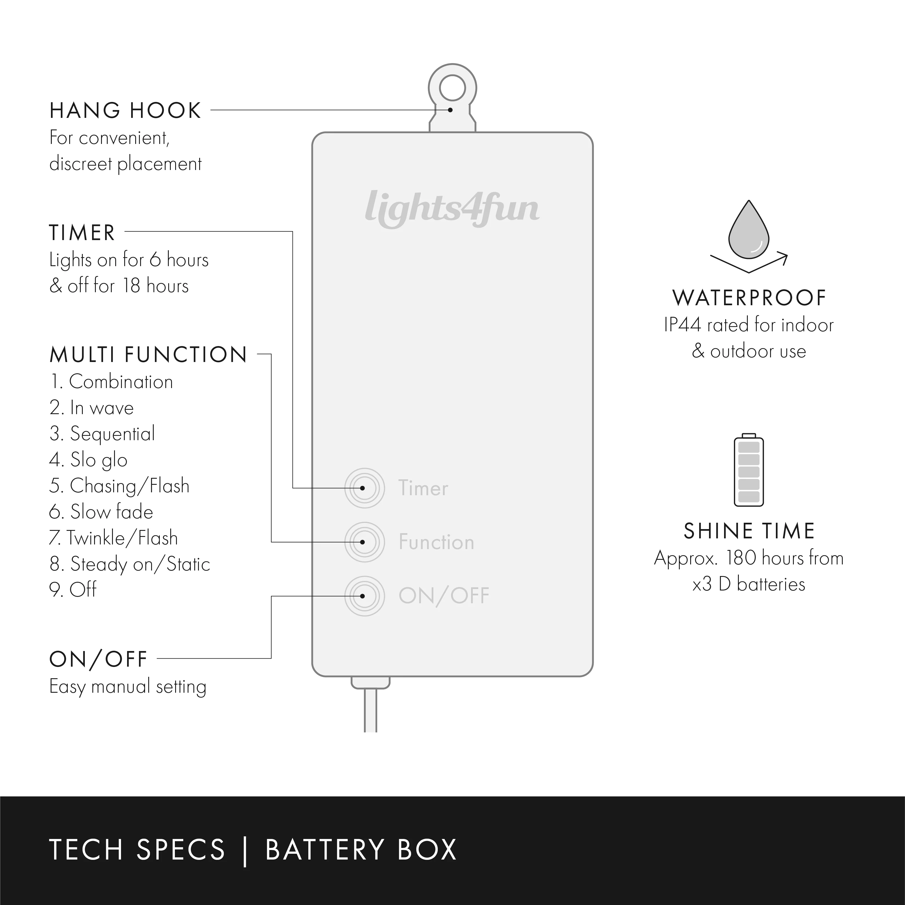 200 Warm White LED Outdoor Battery Fairy Lights On Green Cable - Image 6