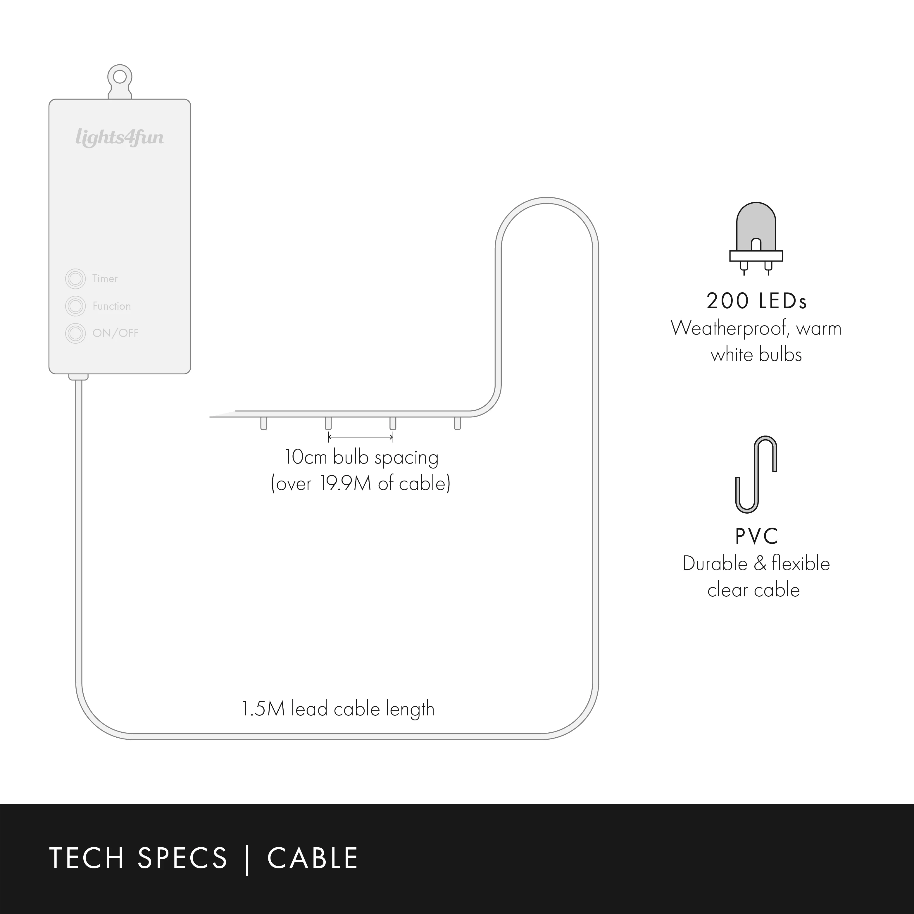 200 Warm White LED Outdoor Battery Fairy Lights On Green Cable - Image 7