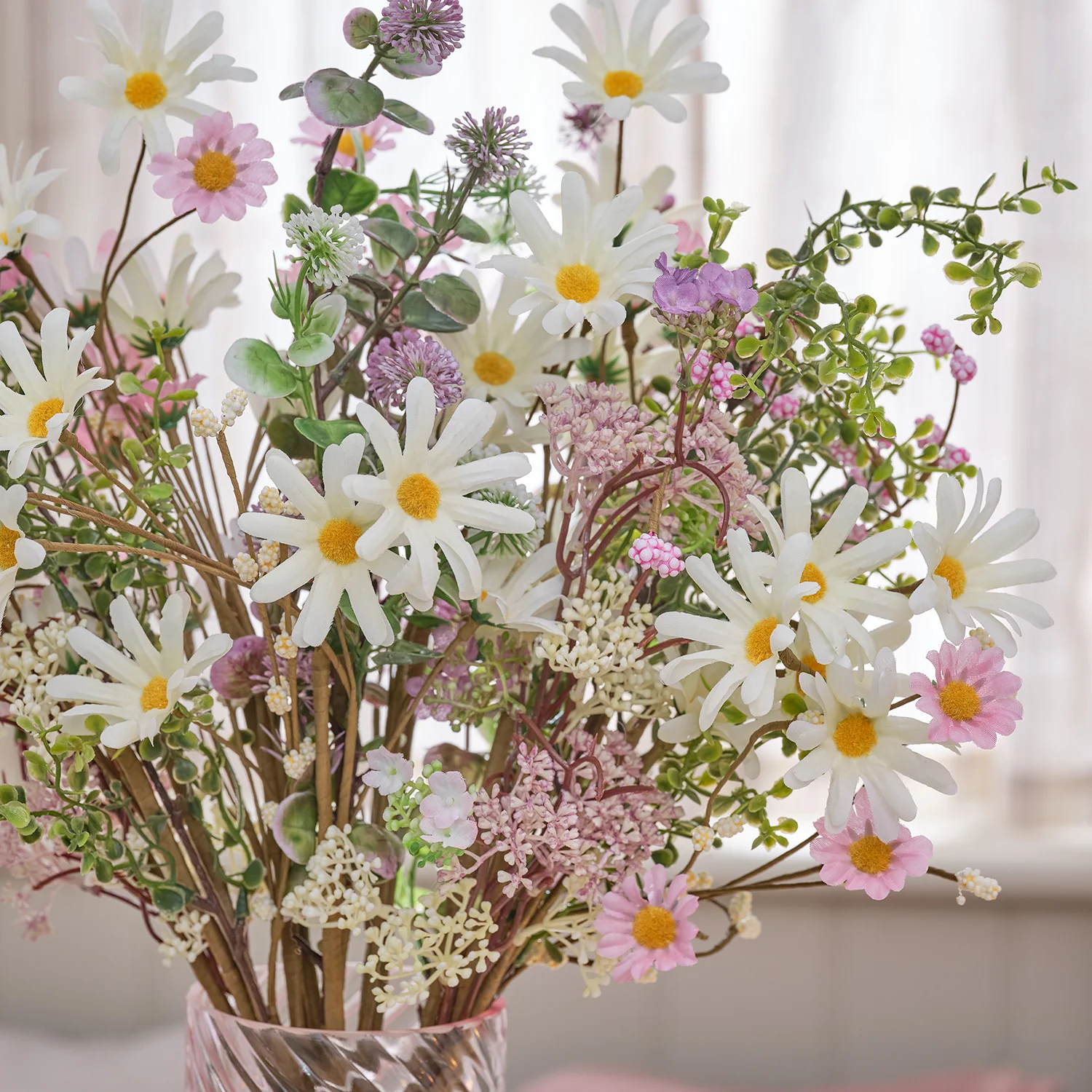 3 Daisy Dreams Artificial Bouquets with Pink Ceramic Vase Bundle - Image 3