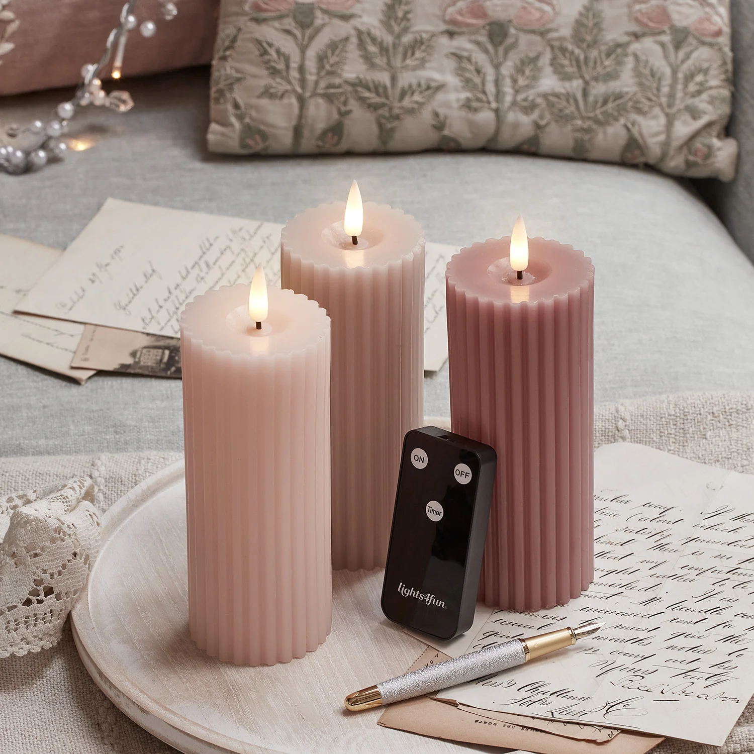 3 Fluted Blush Pink TruGlow® Slim Pillar LED Candles - Image 2