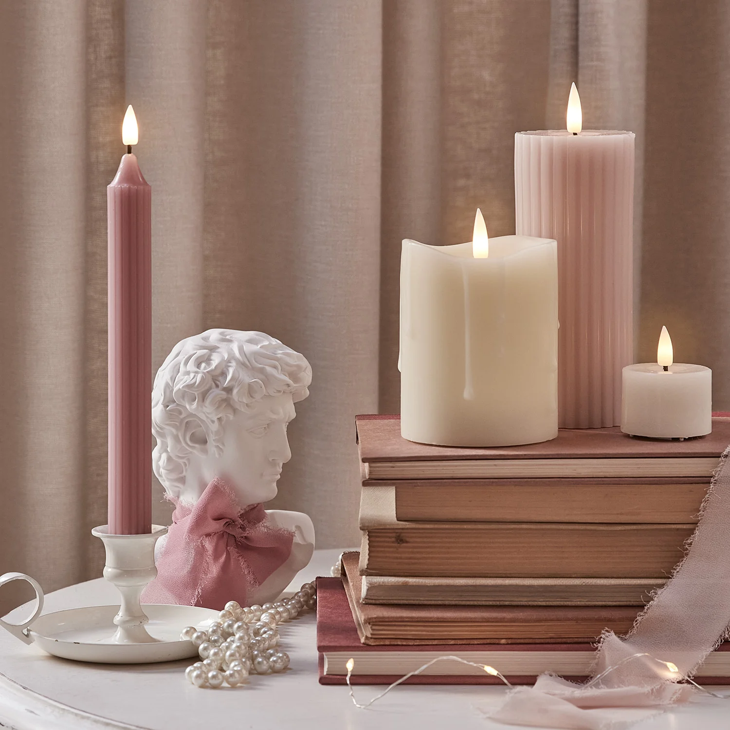 3 Fluted Blush Pink TruGlow® Slim Pillar LED Candles - Image 3