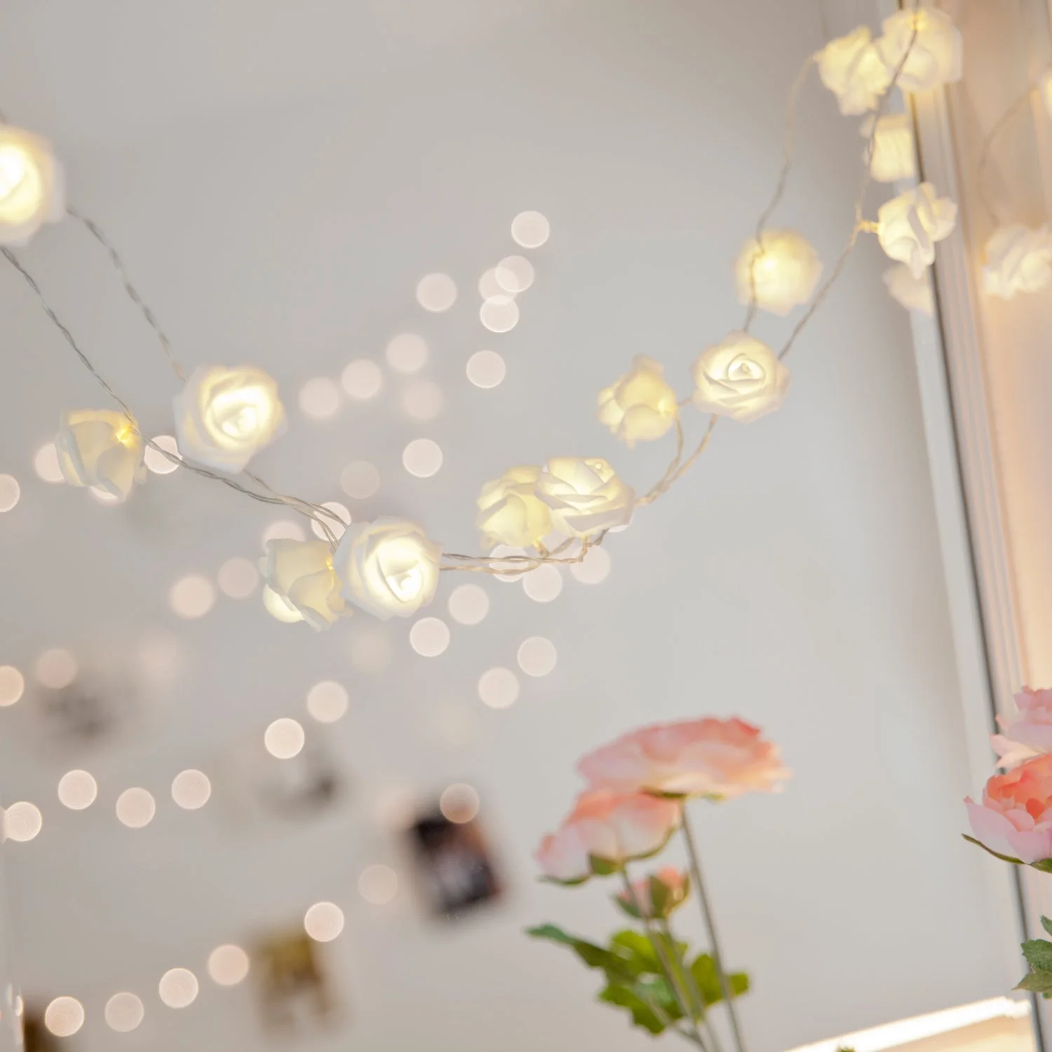 30 Warm White LED Rose Fairy Lights On Clear Cable - Image 4