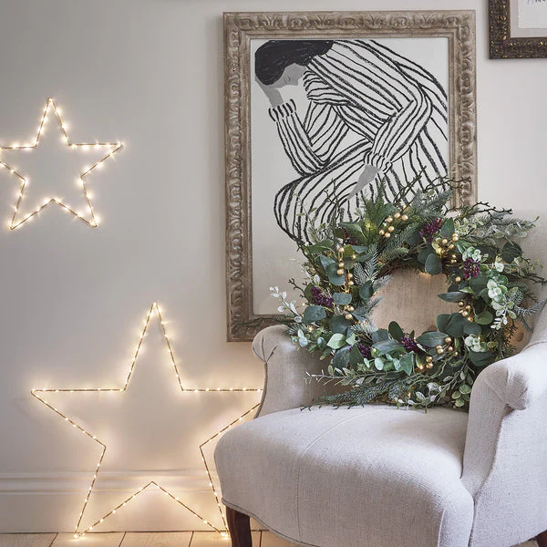 45cm Pre Lit Eucalyptus, Pine & Gold Berry Christmas Wreath - Image 3