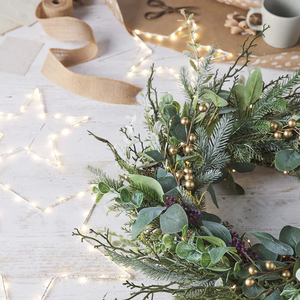 45cm Pre Lit Eucalyptus, Pine & Gold Berry Christmas Wreath - Image 5