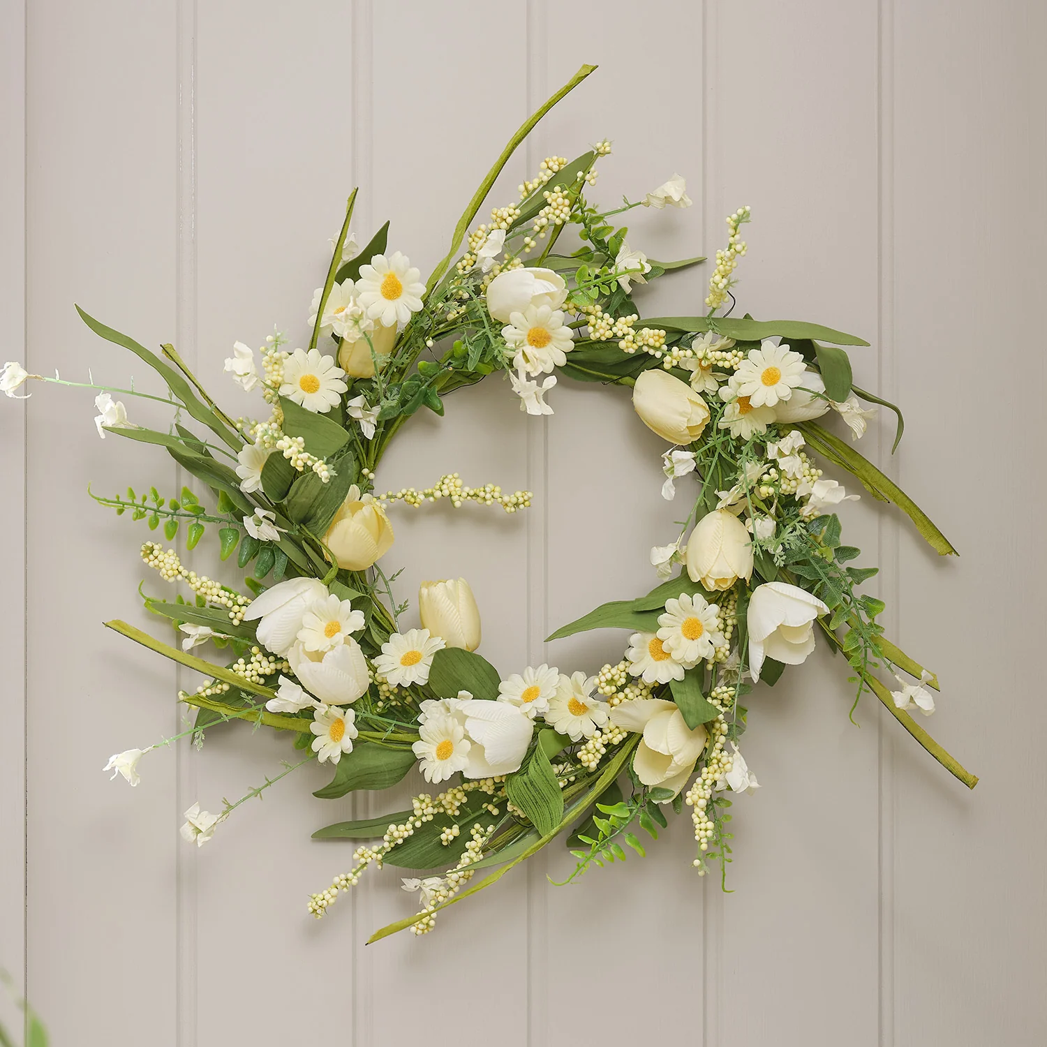50cm Pre Lit Butter Yellow Tulip & Daisy Wreath - Image 2