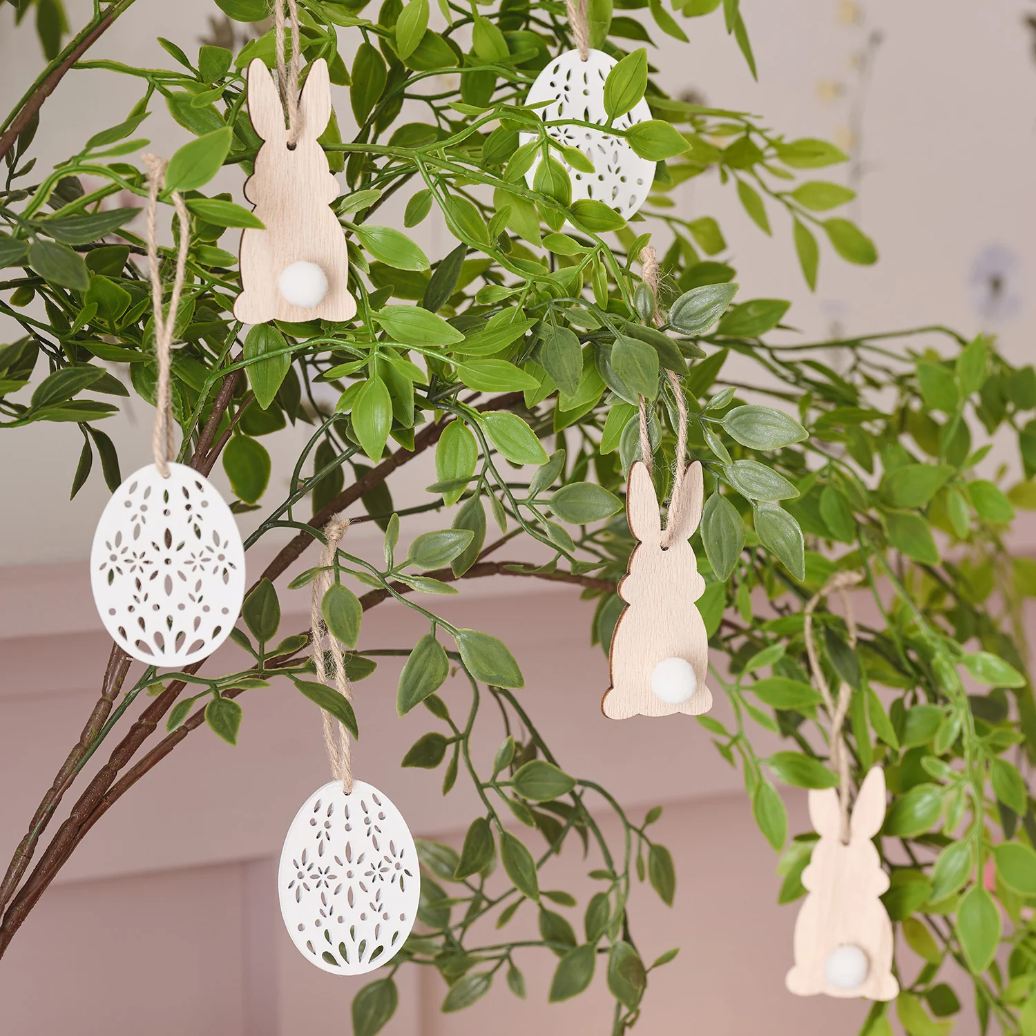 6 Wooden Bunny & Egg Hanging Decorations - Image 2