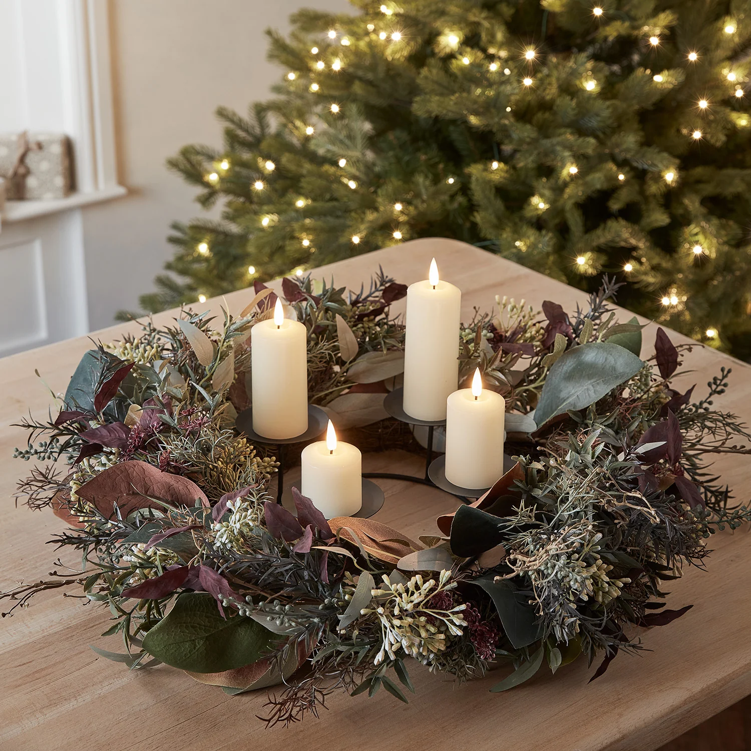 60cm Pre Lit Autumn & Christmas Wreath & Slim TruGlow® LED Candle Decoration - Image 2