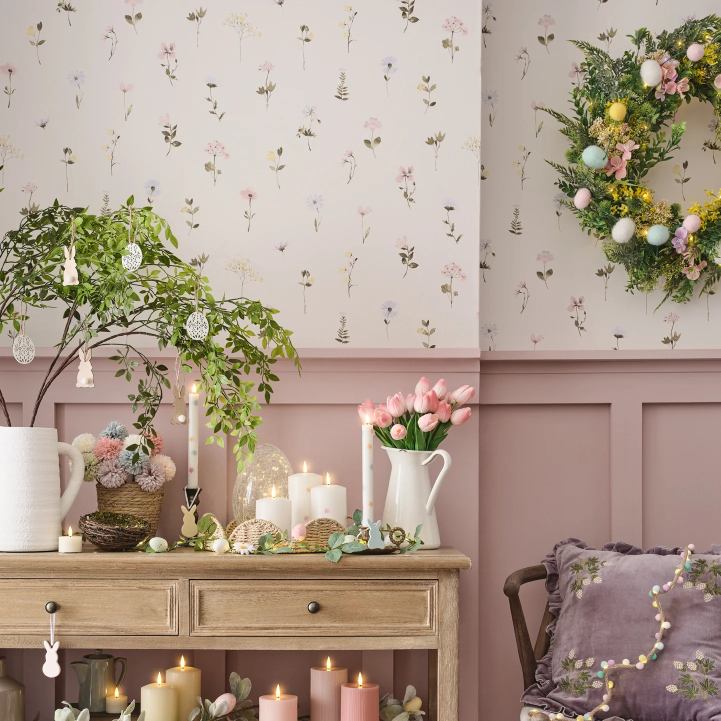 60cm Pre Lit Oversized Easter Wreath with Removable Egg Garland - Image 7
