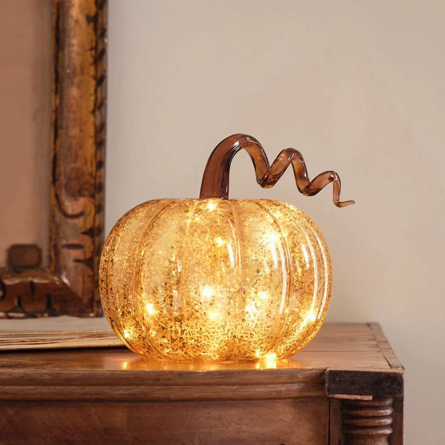 Amber Mercury Glass Light Up Pumpkin Decoration - Image 2