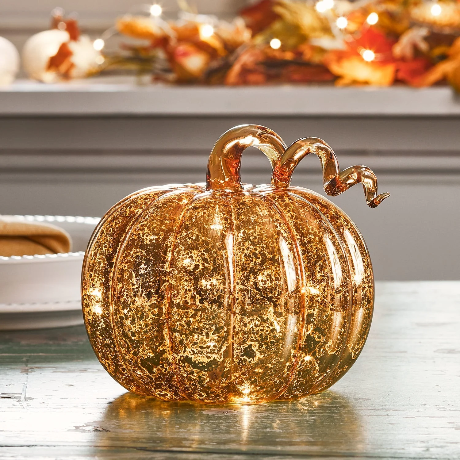 Amber Mercury Glass Light Up Pumpkin Decoration - Image 4