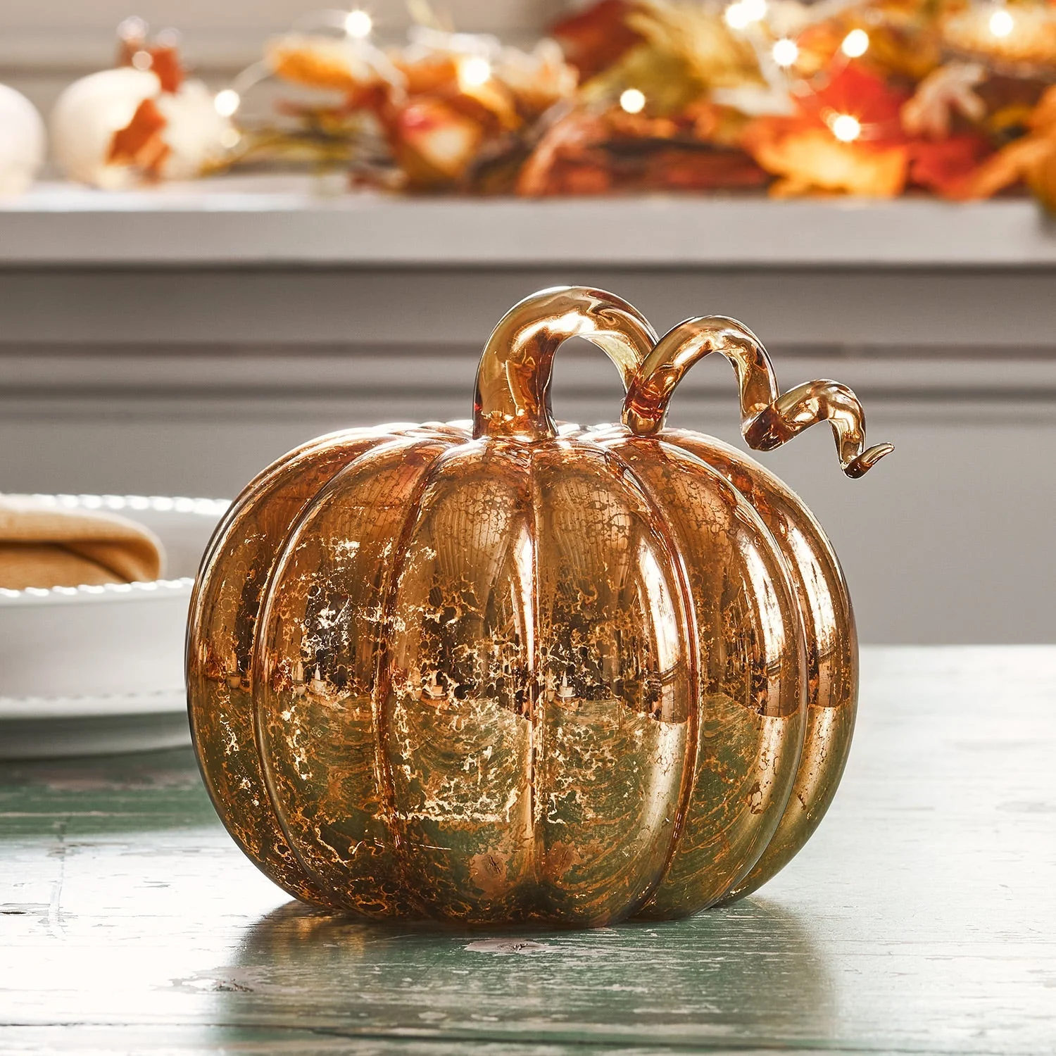 Amber Mercury Glass Light Up Pumpkin Decoration - Image 5