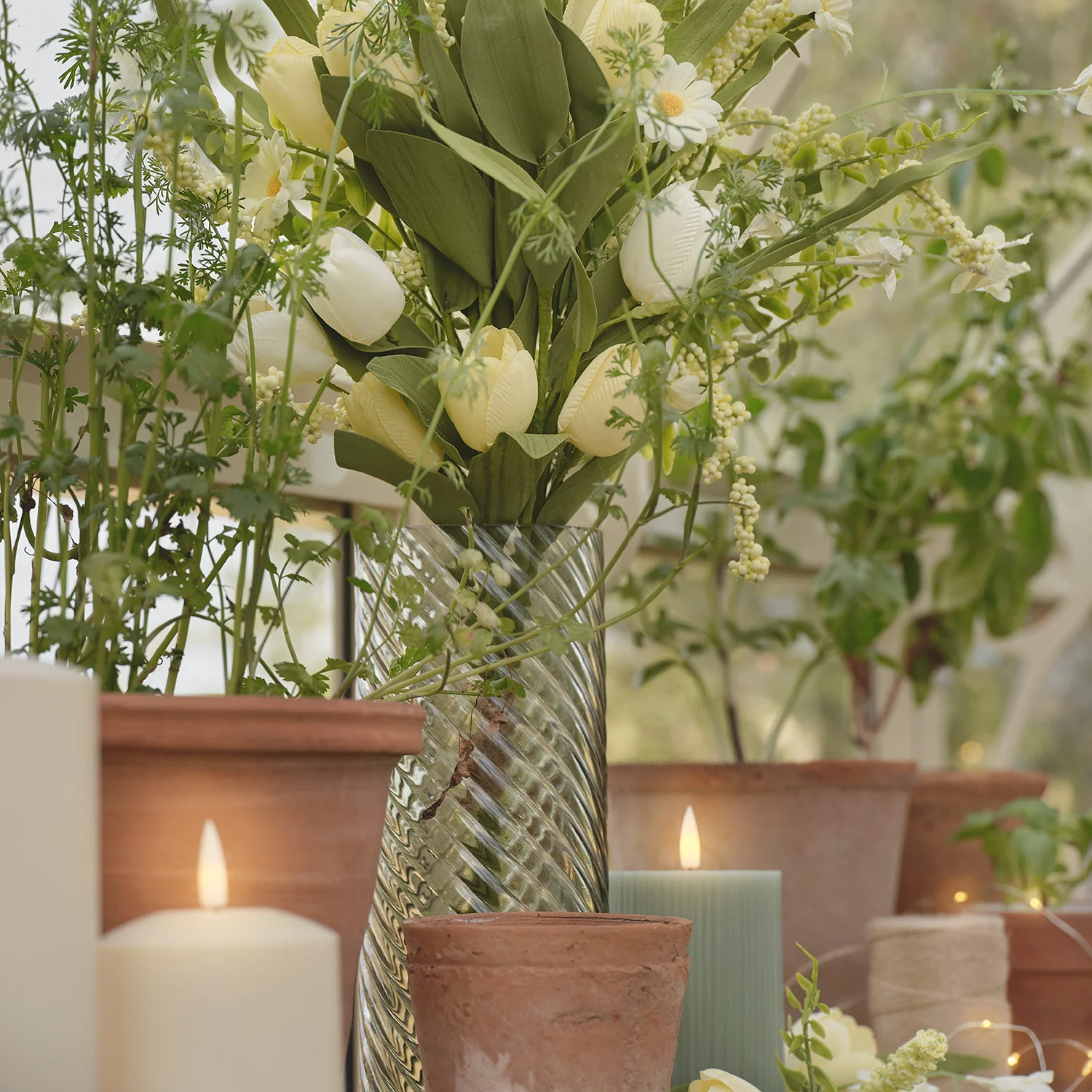 Butter Yellow Tulip & Daisy Artificial Bouquet with Green Textured Glass Vase Bundle - Image 3