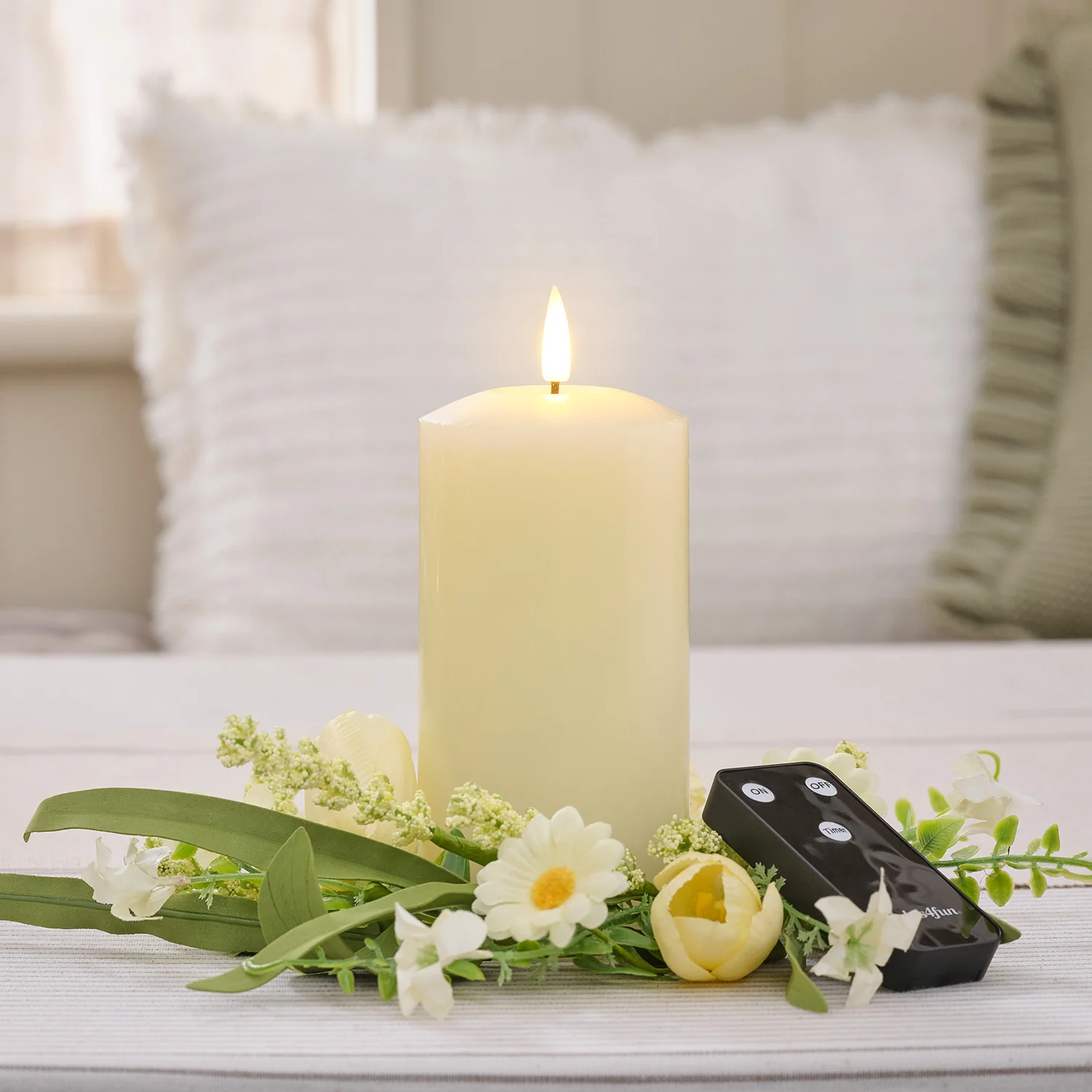 Butter Yellow Tulip & Daisy Wreath Candle Ring with 15cm TruGlow® LED Pillar Candle Bundle - Image 3