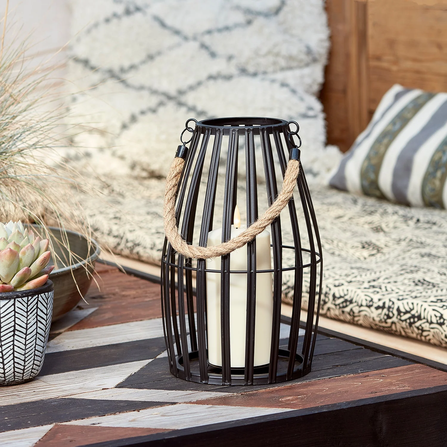 Canberra Large Slatted Outdoor Lantern with TruGlow® Candle - Image 5