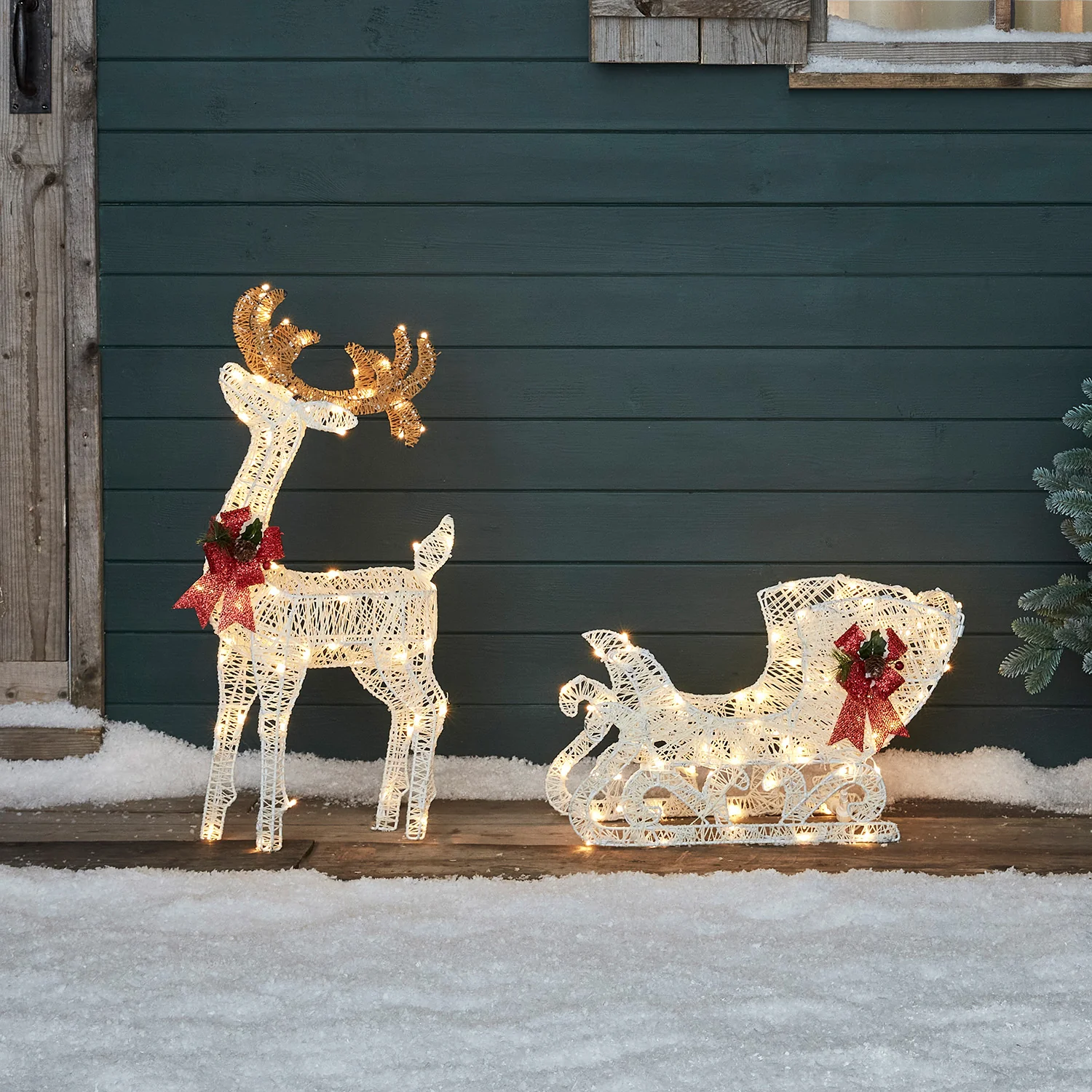 70cm Harewood White Spun Cotton Light Up Reindeer & Sleigh - Image 2
