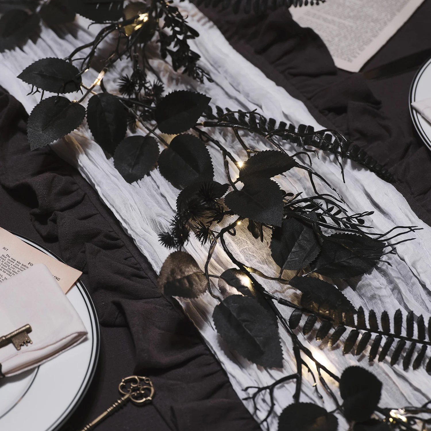 Pre Lit Black Foliage Halloween Wreath & Garland - Image 7