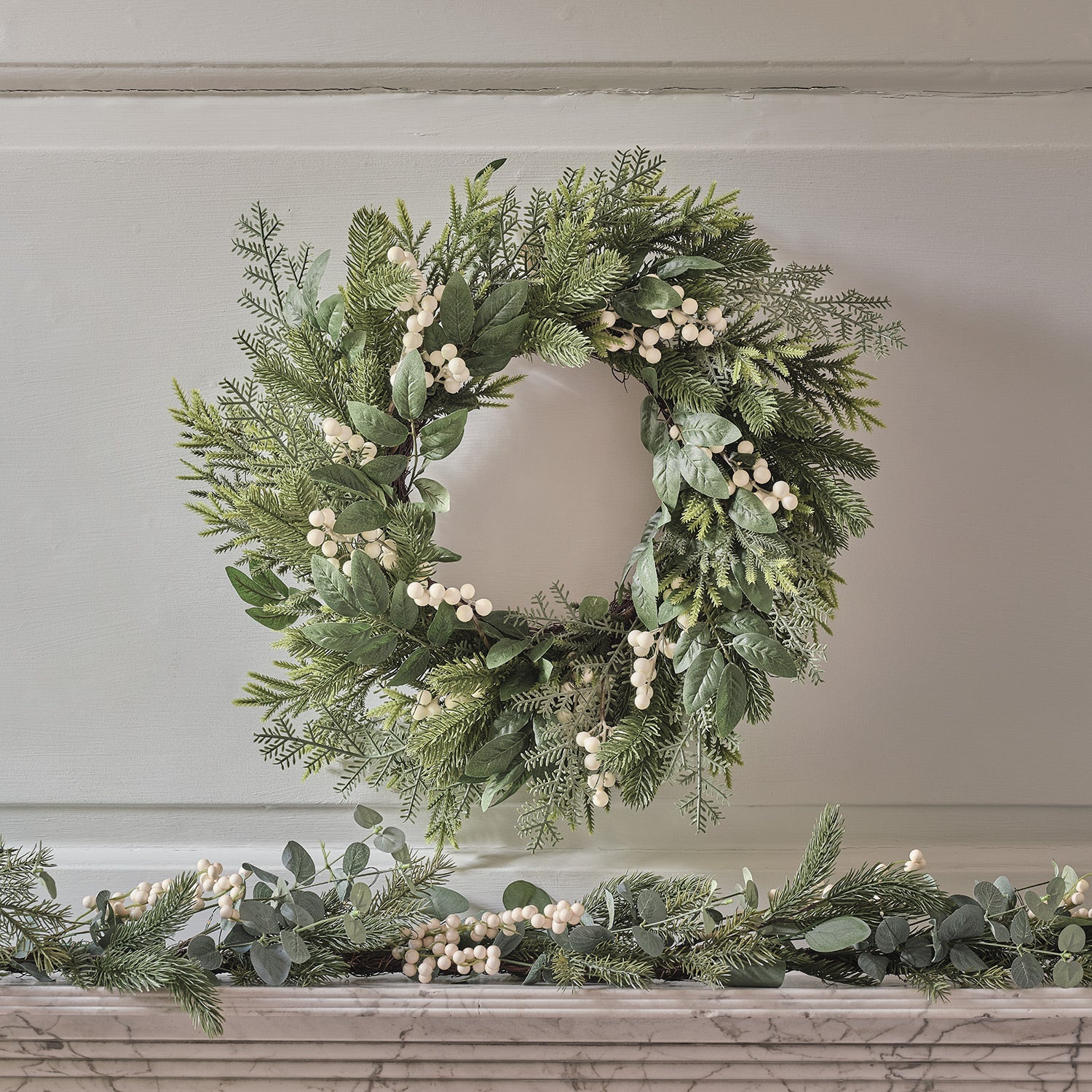 Pre Lit Eucalyptus and White Berry Christmas Wreath & Garland - Image 2