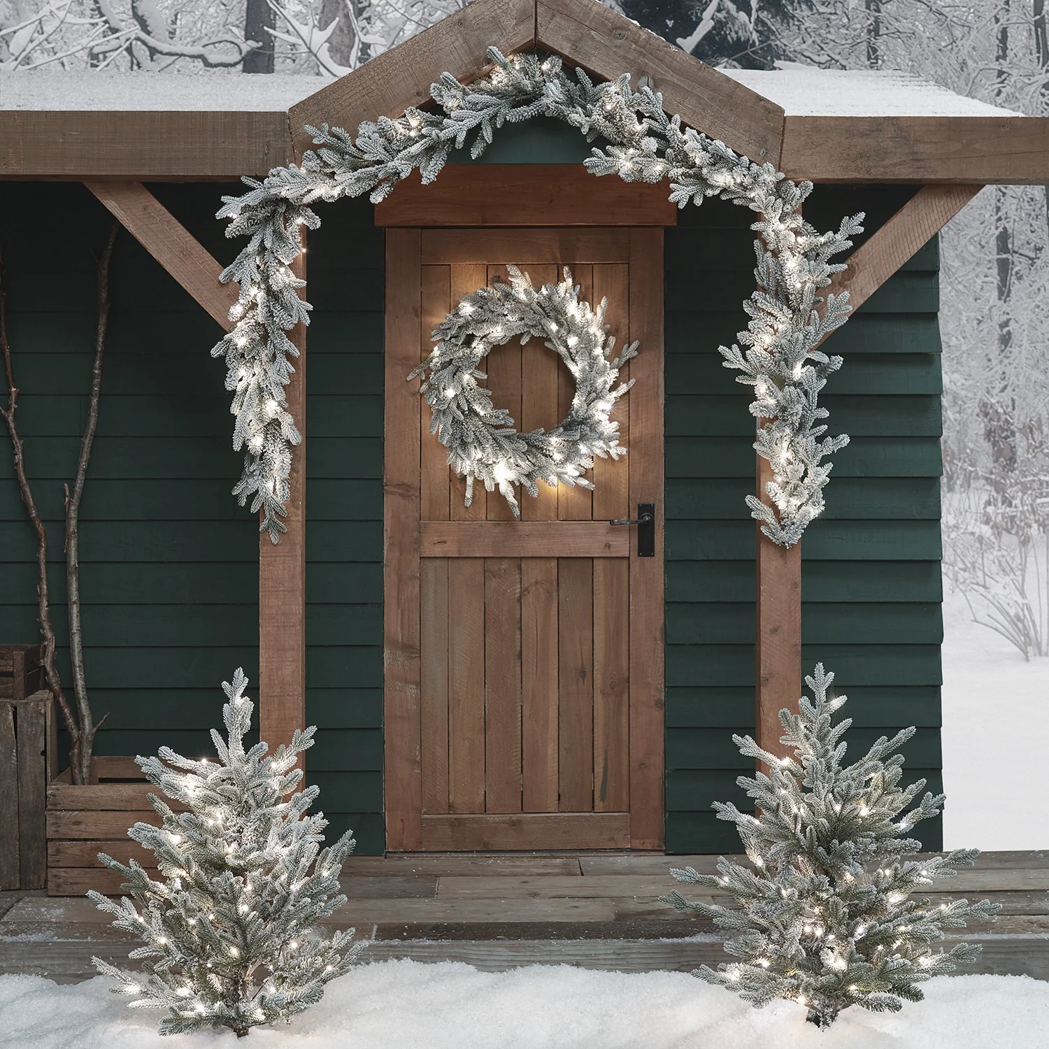 Pre Lit Outdoor Snowy Christmas Wreath, Garland and Trees - Image 3