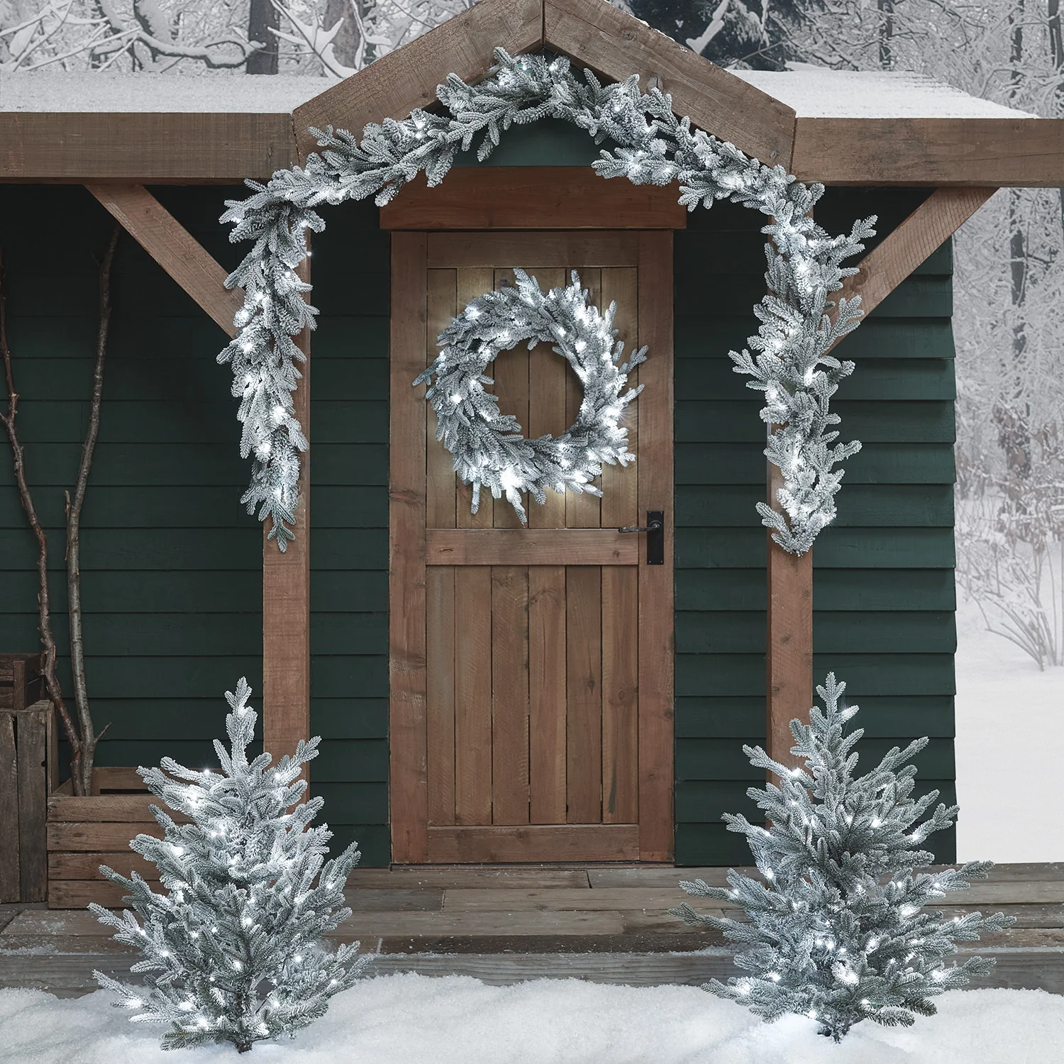 Pre Lit Outdoor Snowy Christmas Wreath, Garland and Trees - Image 4