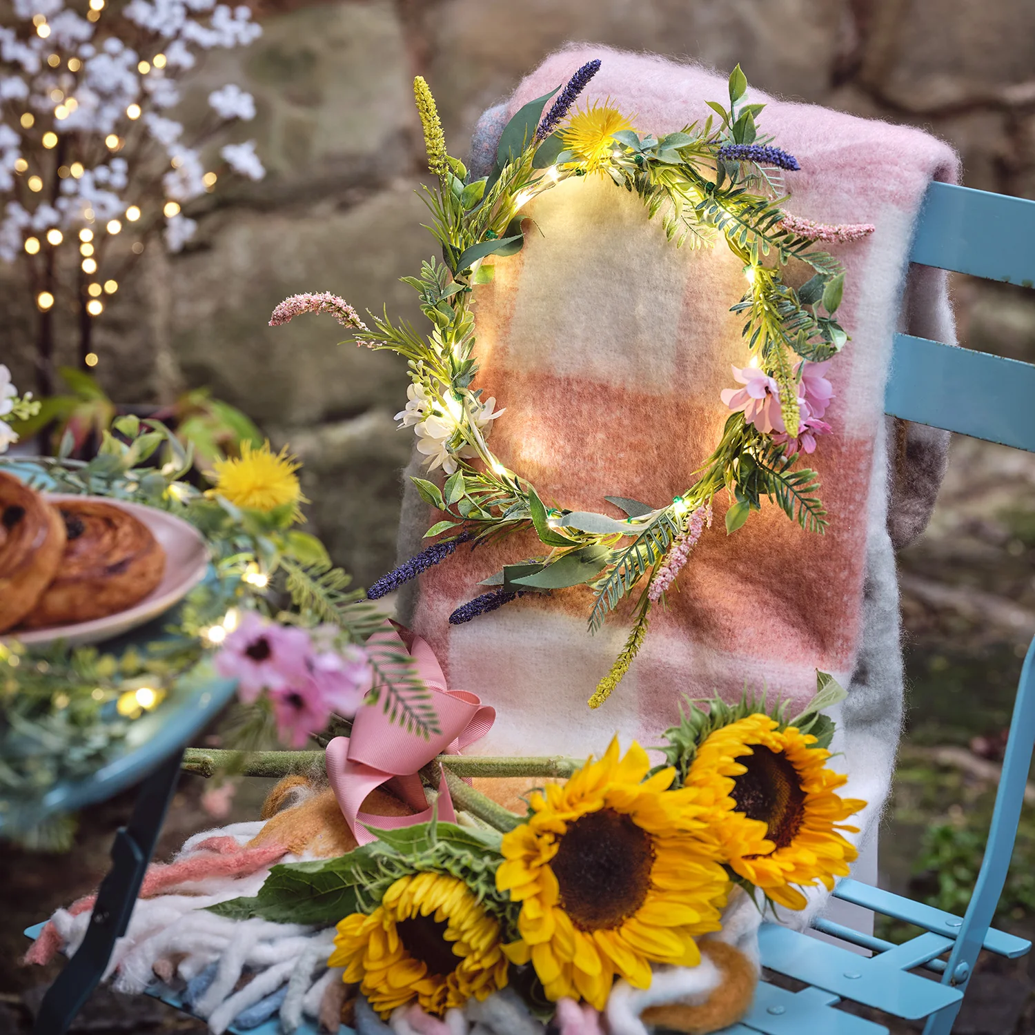20cm Pre Lit Spring Flower Wreath - Image 3