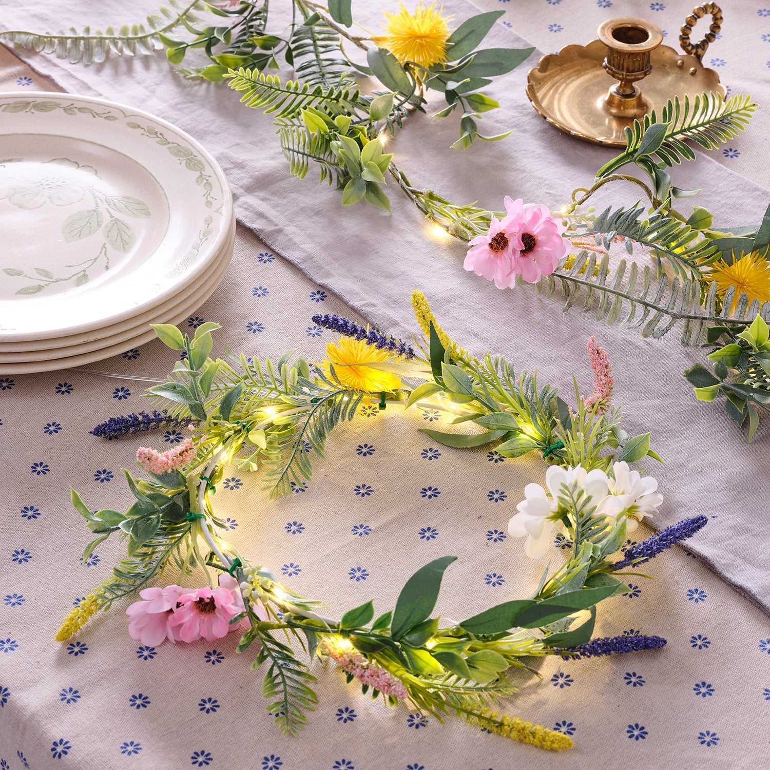 20cm Pre Lit Spring Flower Wreath - Image 4