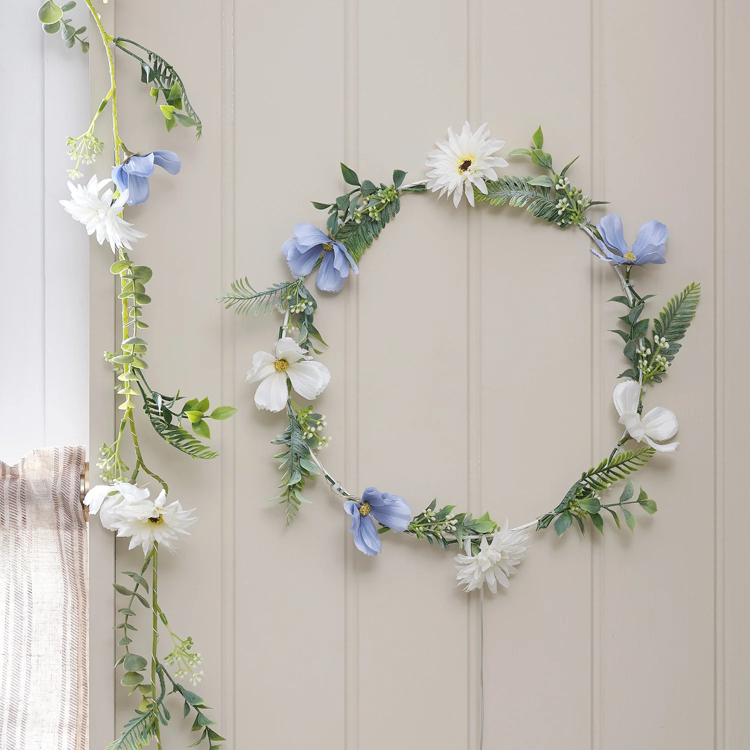Pre Lit Blue Bloom Wreath & Garland Bundle - Image 2