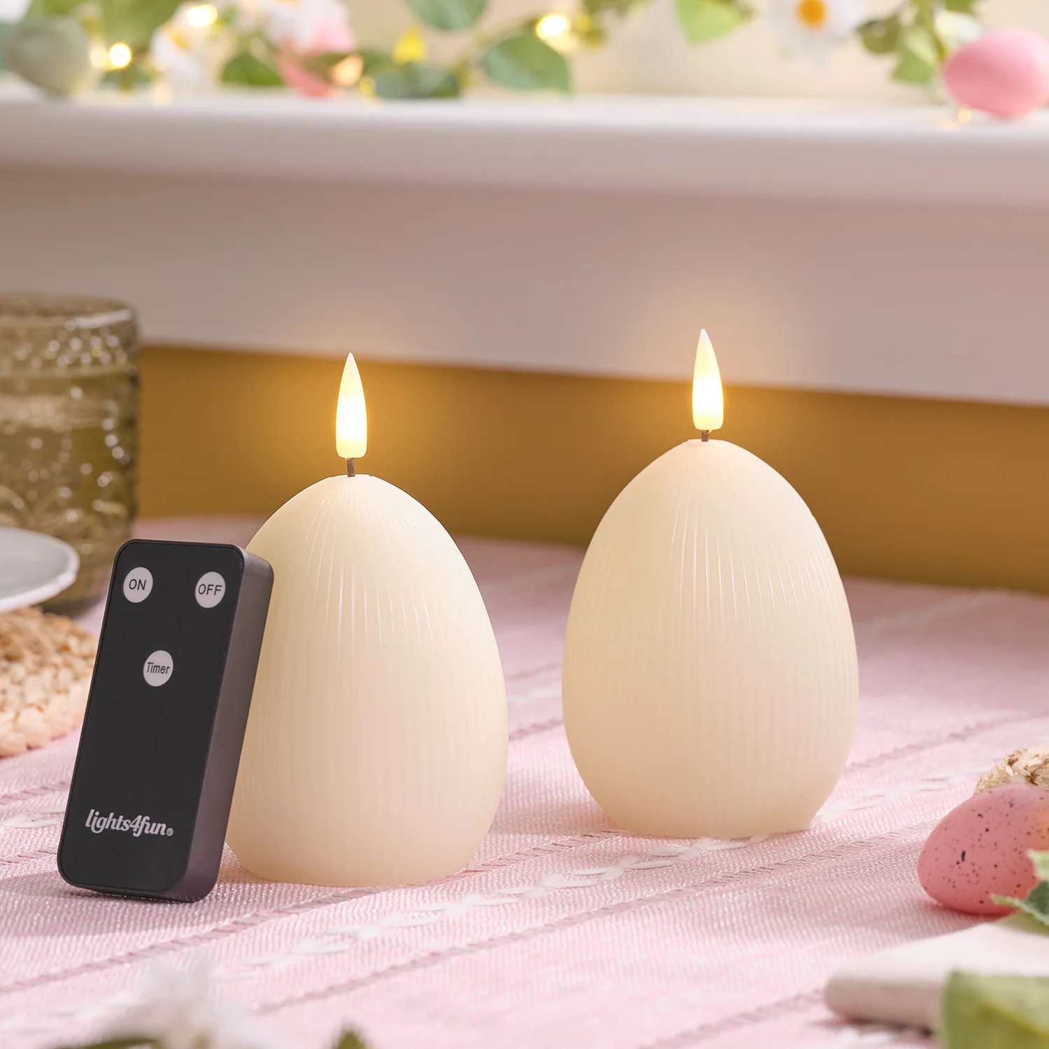 TruGlow® Ivory Ribbed LED Egg Candle Duo with Remote Control - Image 2