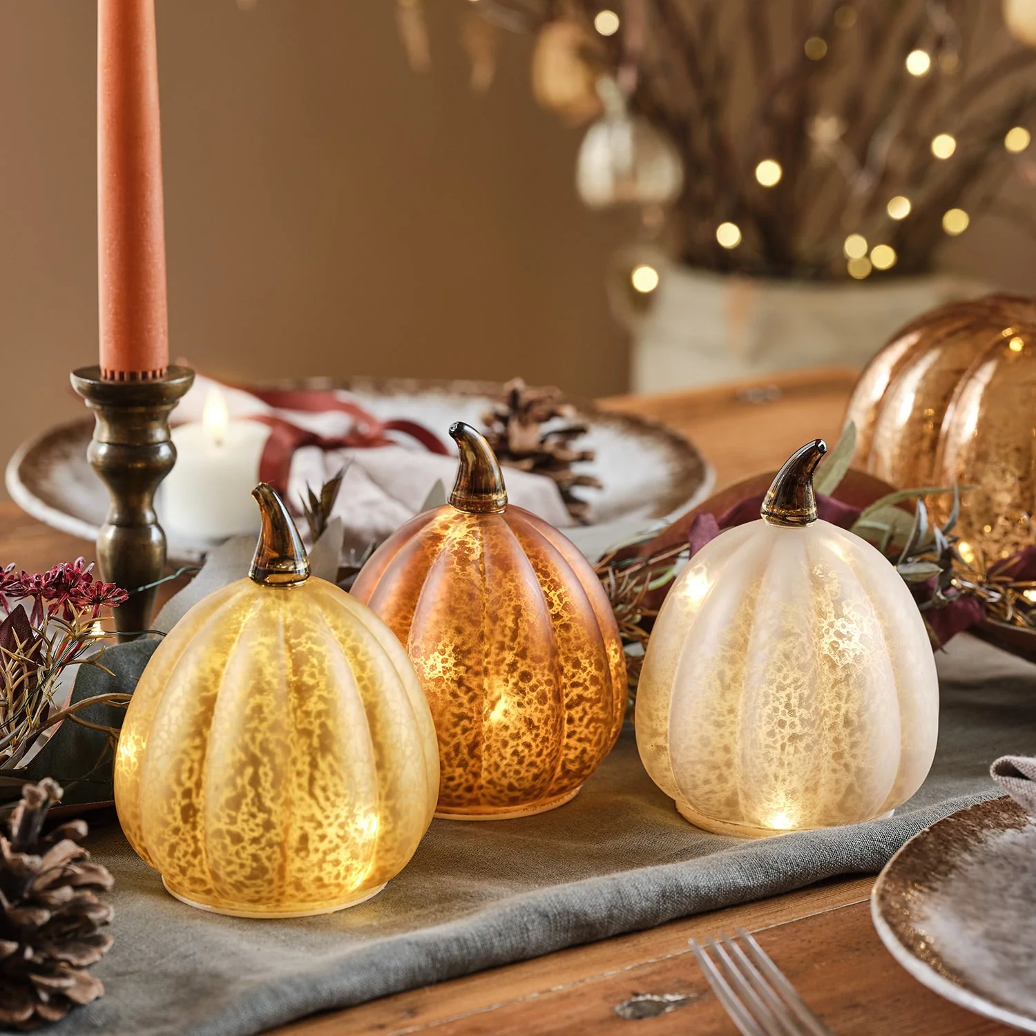 Set of 3 Autumnal Glass Light Up Pumpkins - Image 3