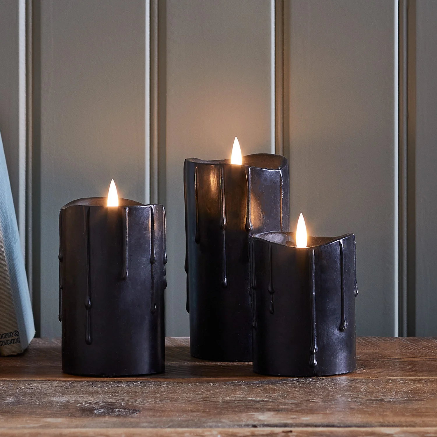 TruGlow® Black Dripping Wax LED Pillar Candle Trio - Image 3