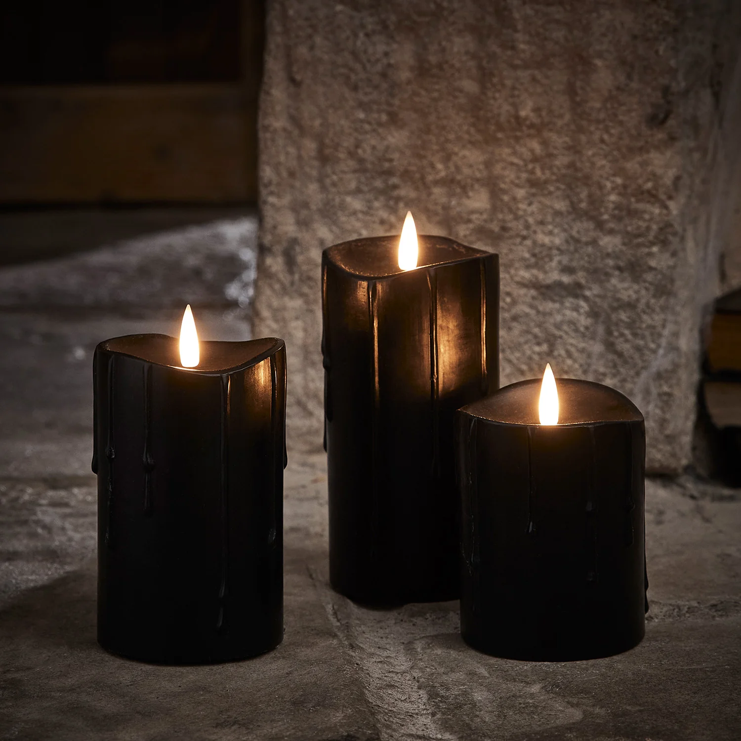 TruGlow® Black Dripping Wax LED Pillar Candle Trio - Image 4