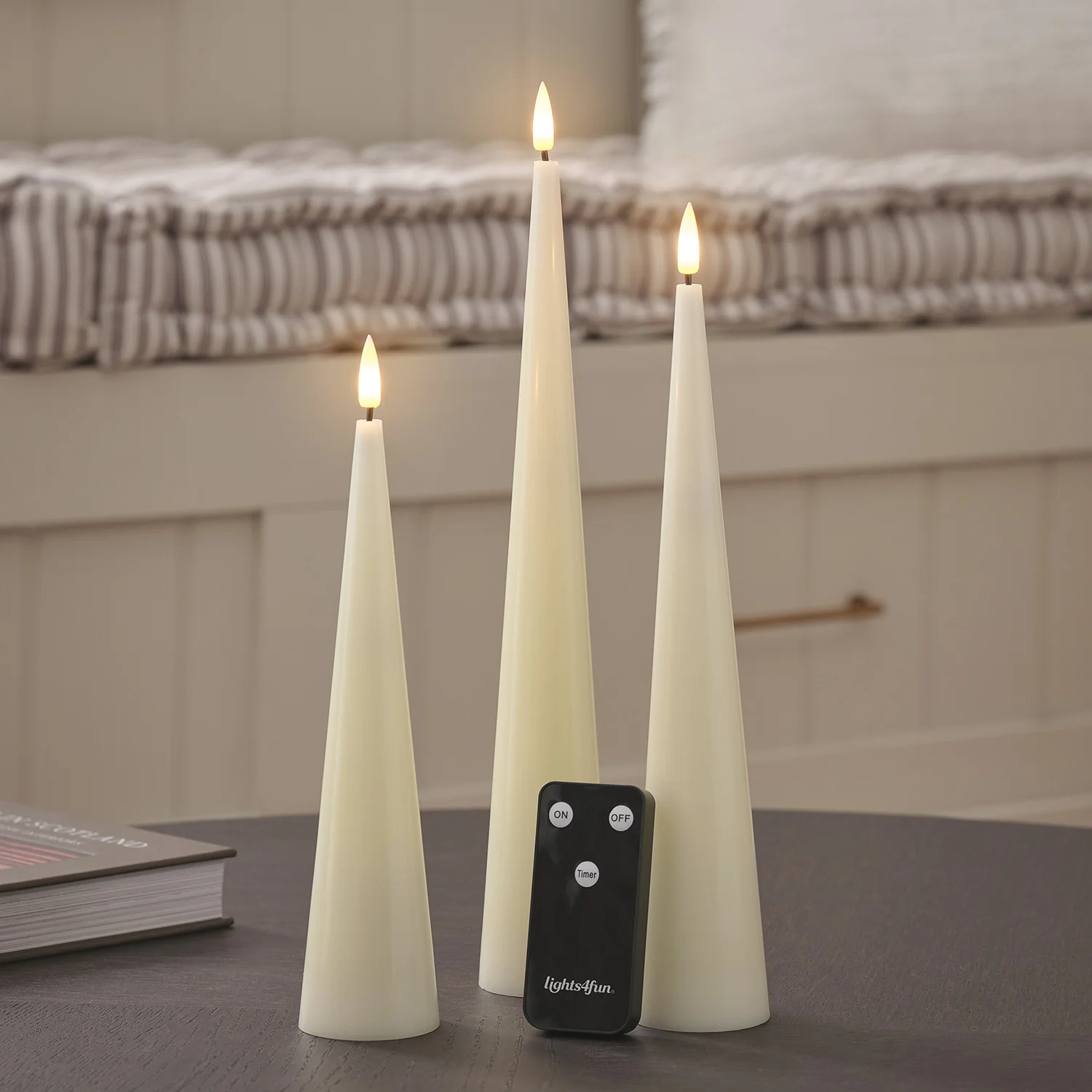 TruGlow® Ivory Slim Cone LED Pillar Candle Trio with Remote Control - Image 2