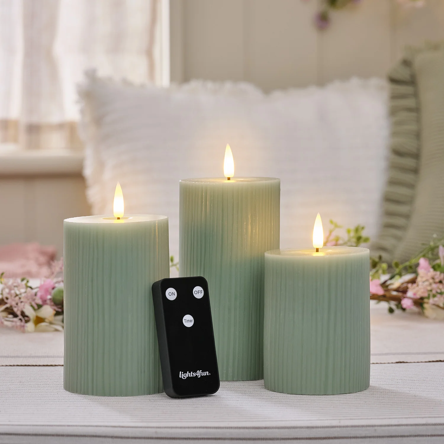 TruGlow® Sage Green Ribbed LED Pillar Candle Trio with Remote Control - Image 2