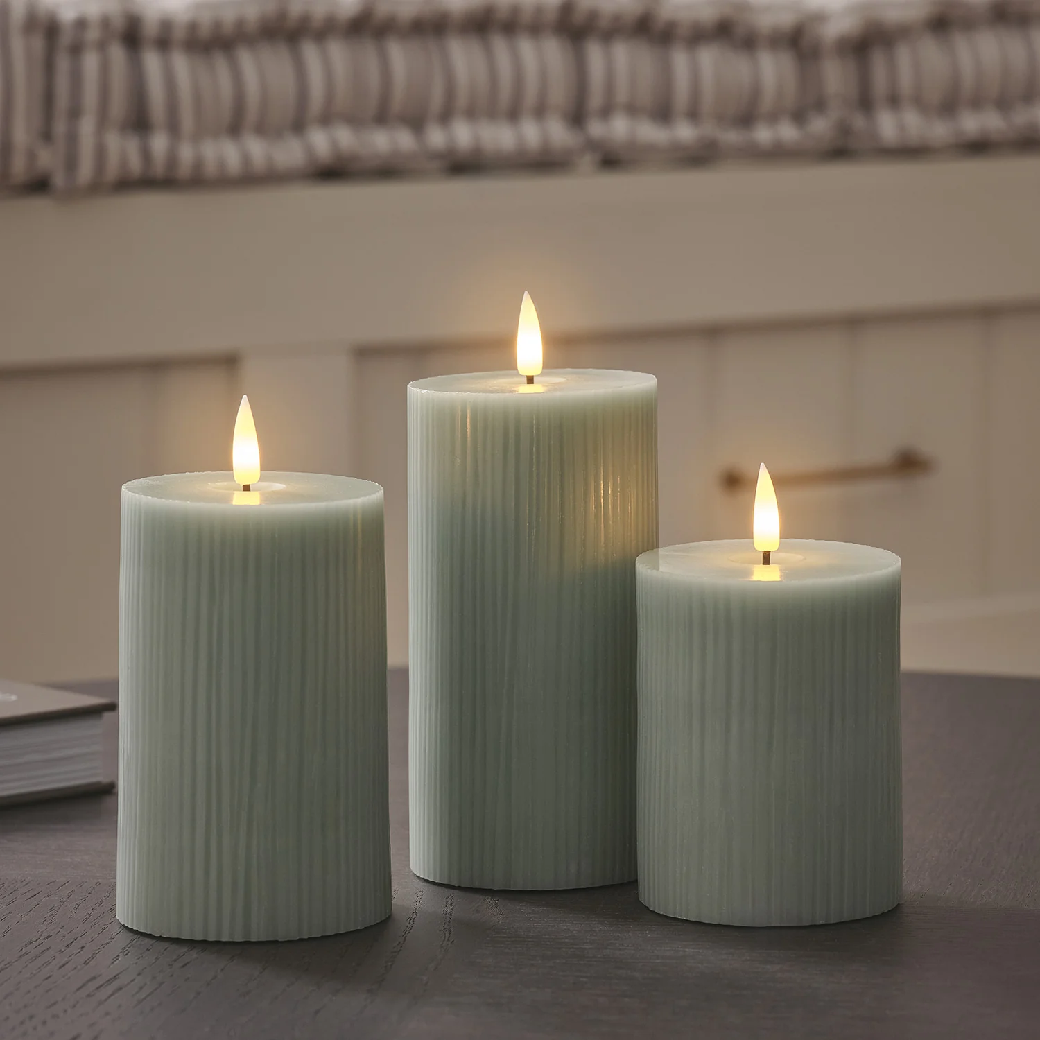 TruGlow® Sage Green Ribbed LED Pillar Candle Trio with Remote Control - Image 3