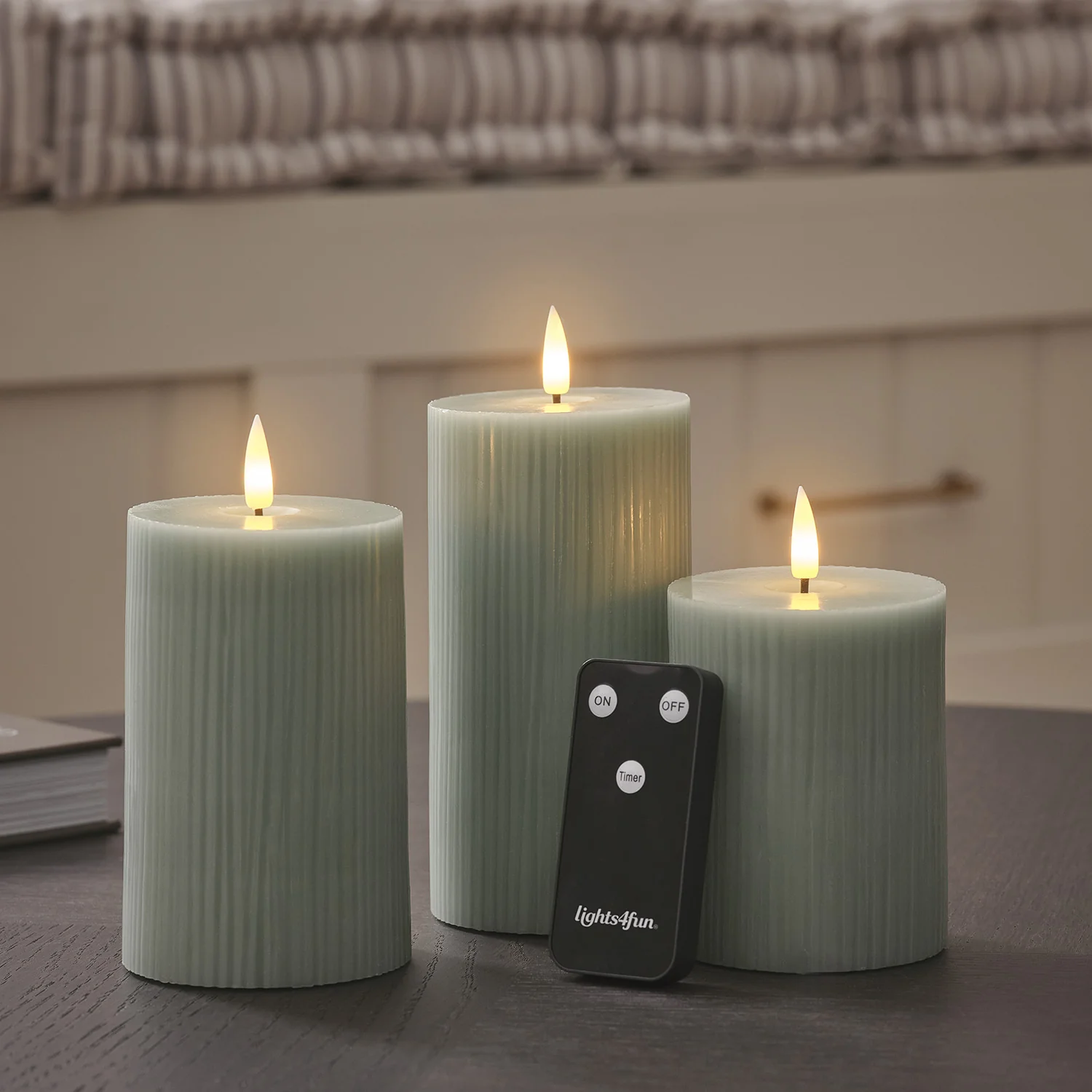 TruGlow® Sage Green Ribbed LED Pillar Candle Trio with Remote Control - Image 4