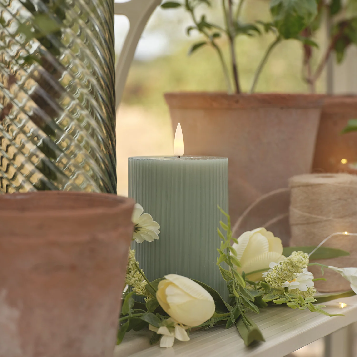 TruGlow® Sage Green Ribbed LED Pillar Candle Trio with Remote Control - Image 6