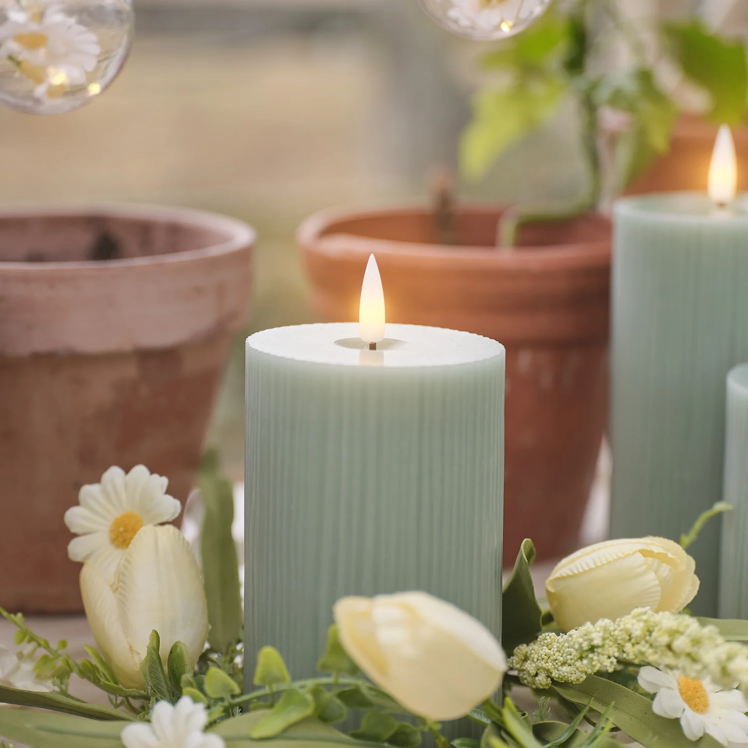 TruGlow® Sage Green Ribbed LED Pillar Candle Trio with Remote Control - Image 7
