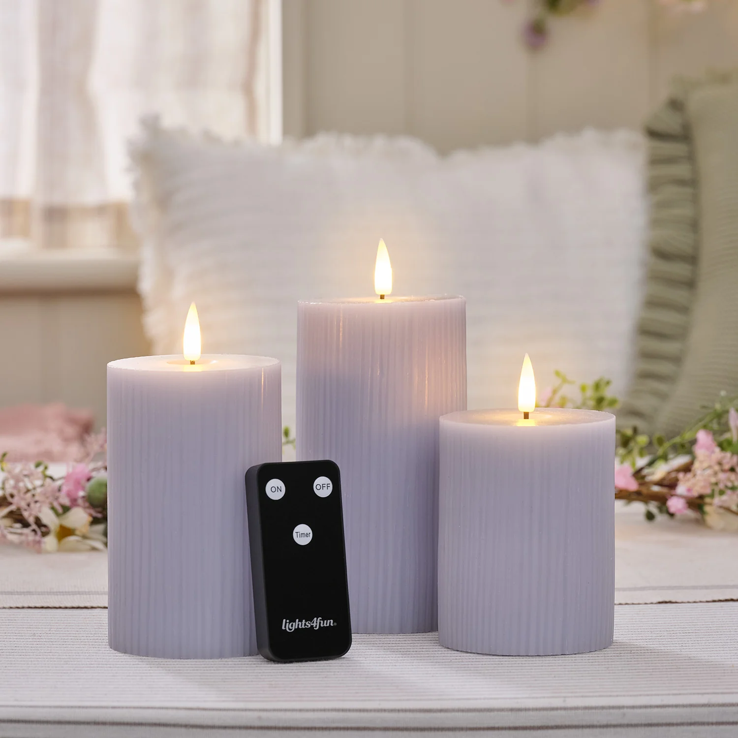 TruGlow® Lilac Ribbed LED Pillar Candle Trio with Remote Control - Image 2