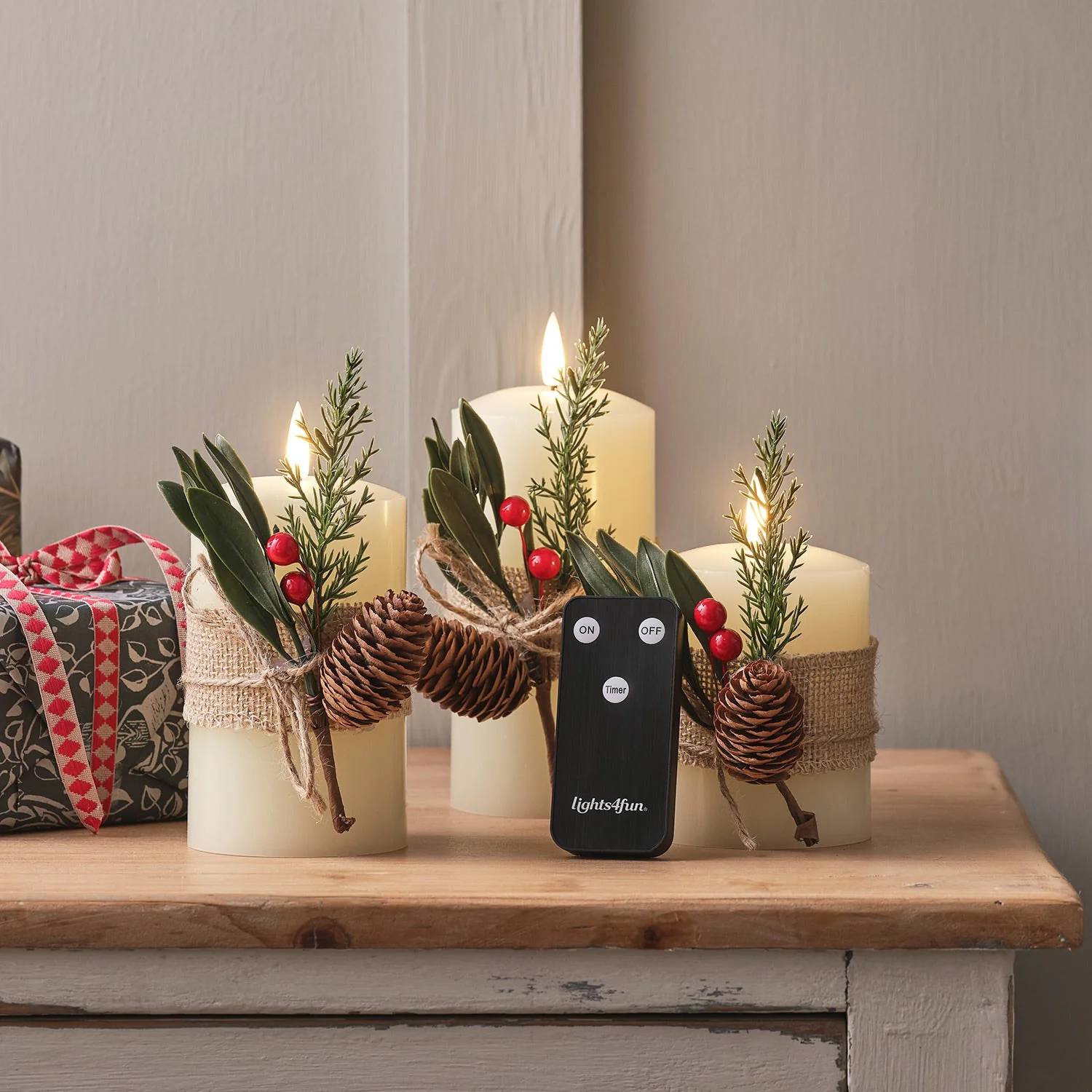 3 Winter Foliage Wrapped TruGlow® LED Pillar Candles - Image 2