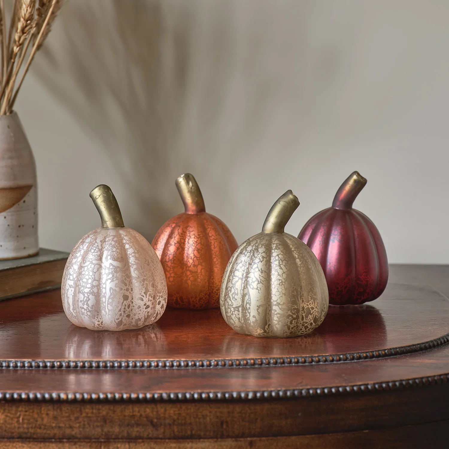 Set of 4 Mini Glass Light Up Pumpkin Decorations - Image 2