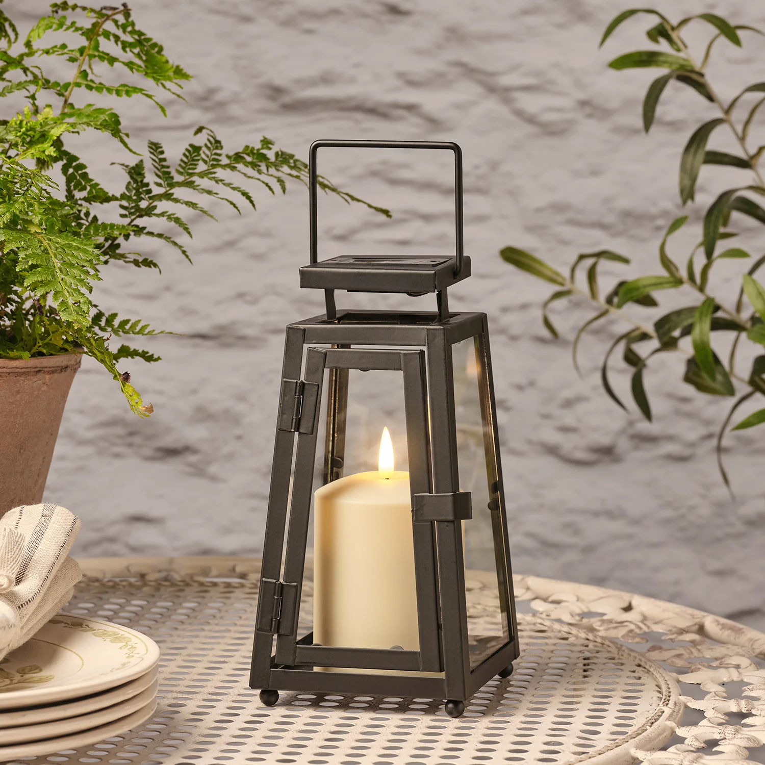 Small Porto Solar Metal Lantern with TruGlow® Candle - Image 3