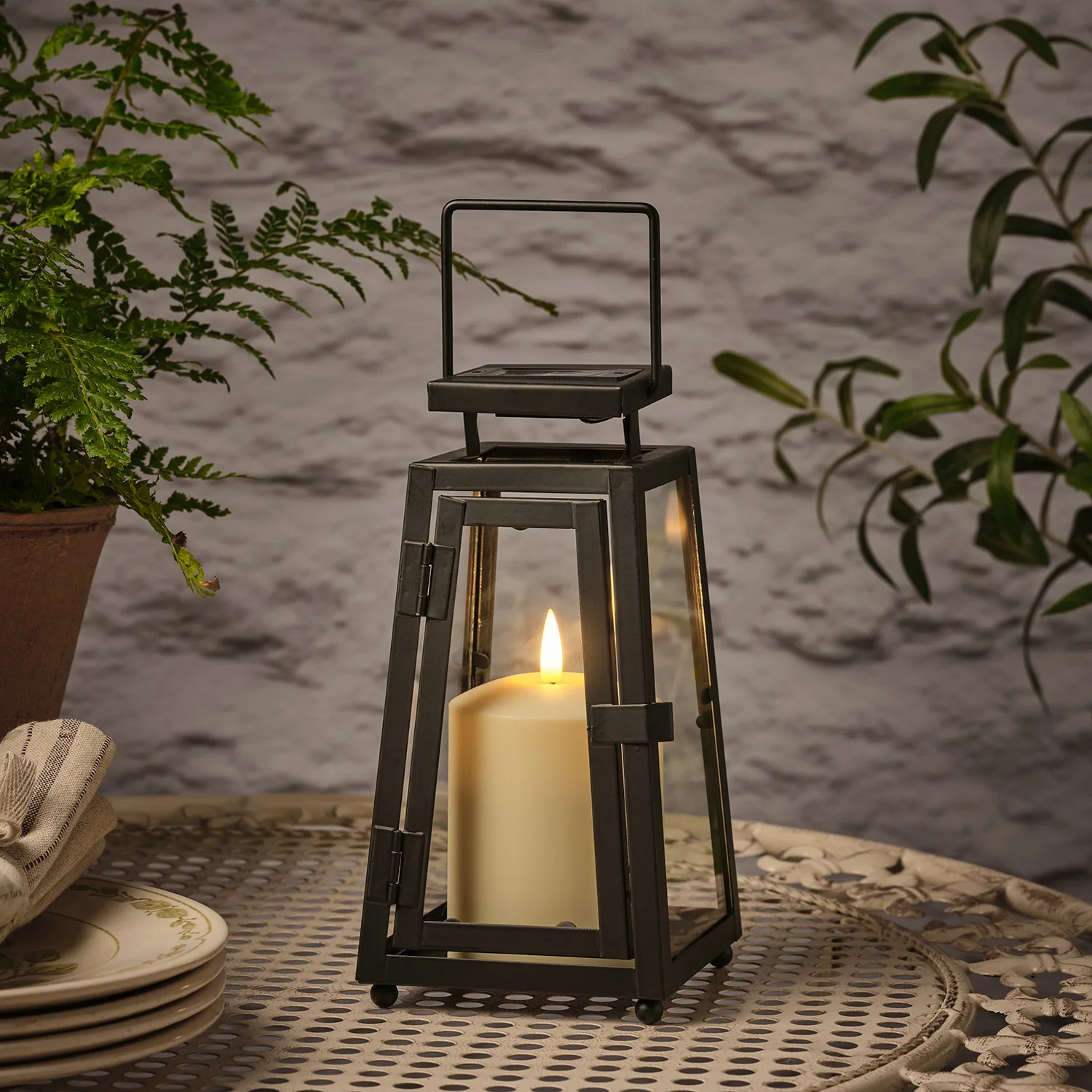 Small Porto Solar Metal Lantern with TruGlow® Candle - Image 4