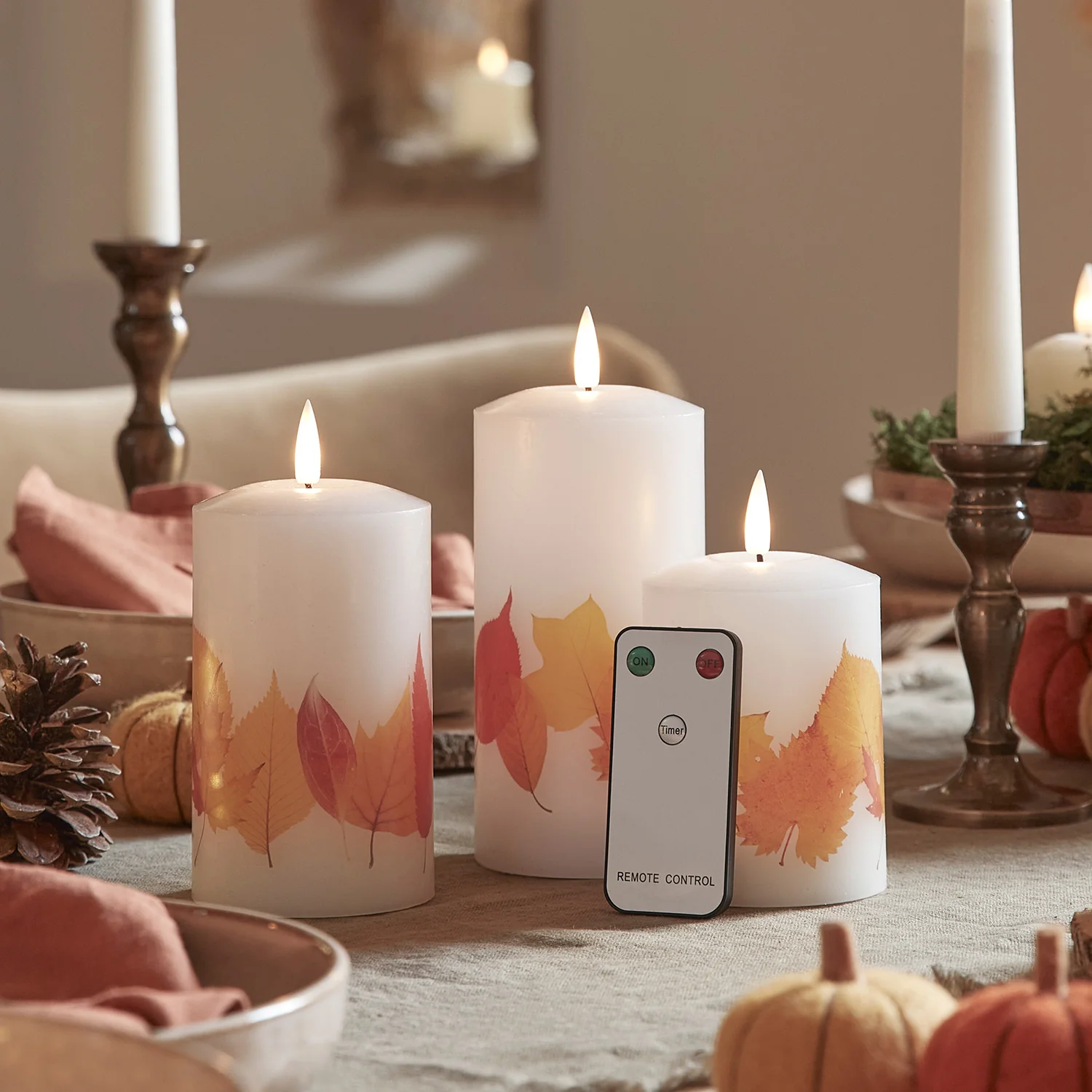 TruGlow® Autumnal Leaf LED Pillar Candle Trio with Remote Control - Image 3