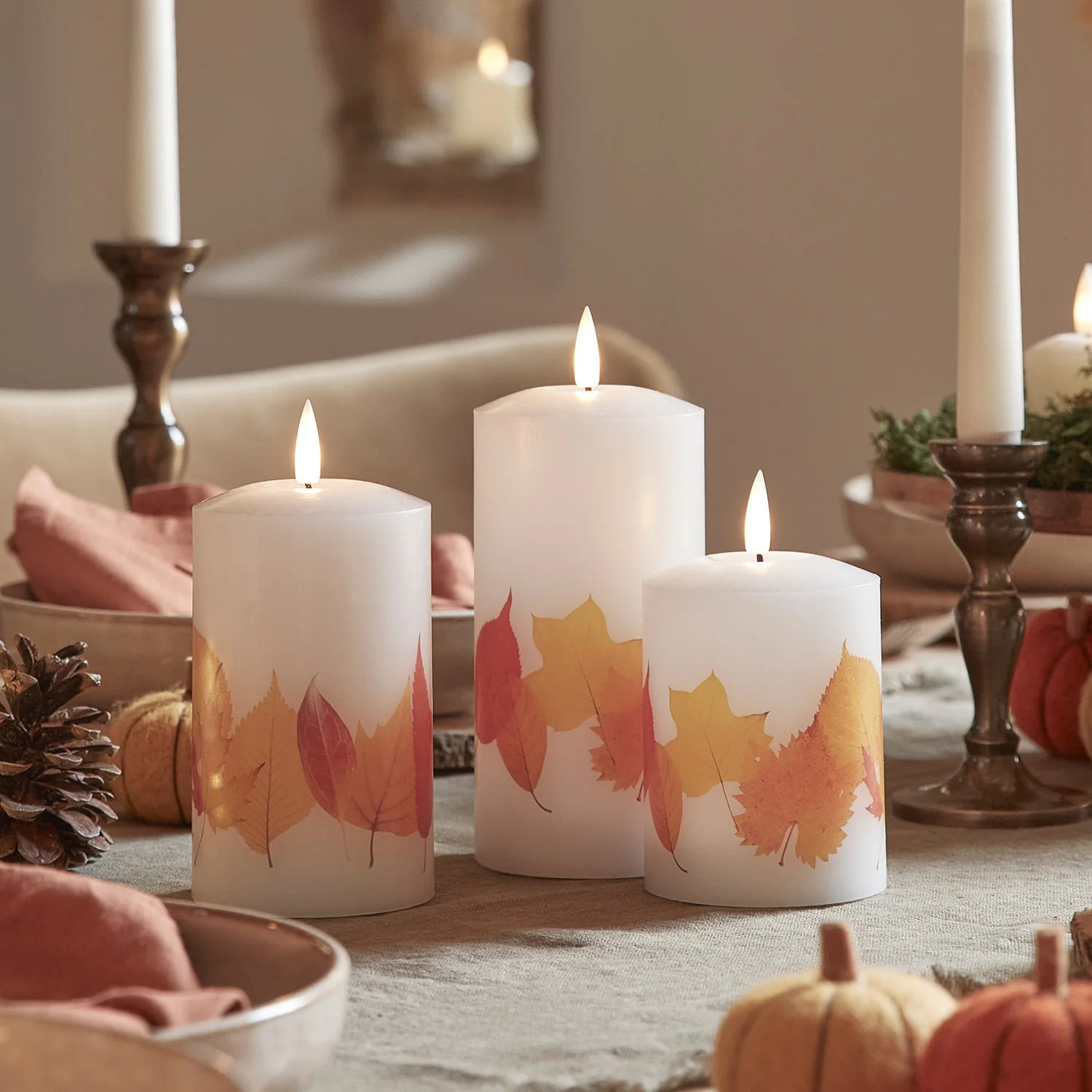 TruGlow® Autumnal Leaf LED Pillar Candle Trio with Remote Control - Image 4