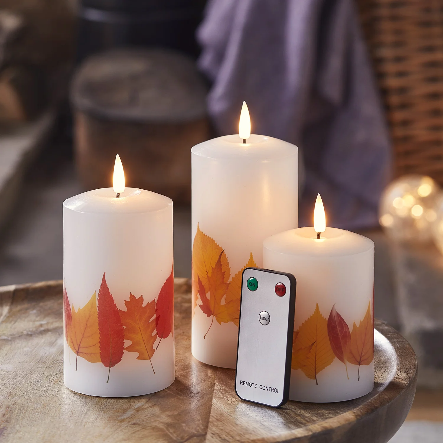 TruGlow® Autumnal Leaf LED Pillar Candle Trio with Remote Control - Image 5