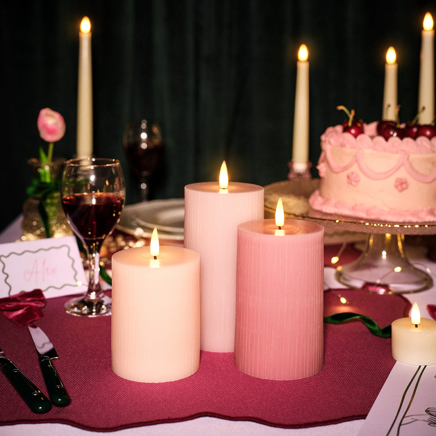 TruGlow® Blush Pink Ribbed LED Pillar Candle Trio - Image 12