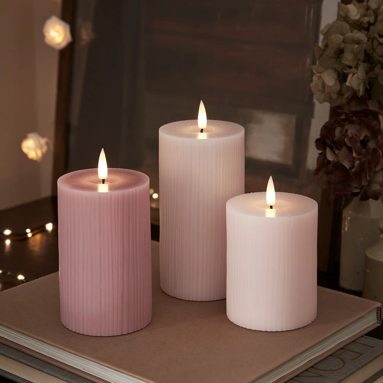 TruGlow® Blush Pink Ribbed LED Pillar Candle Trio - Image 3
